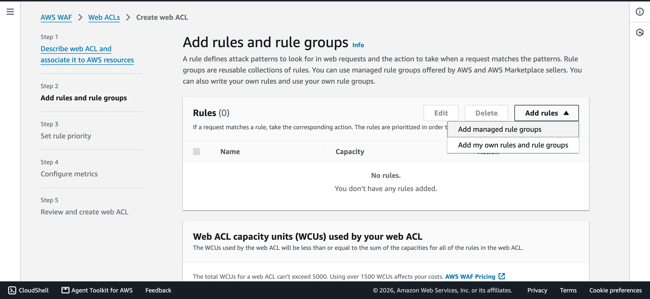 The Add rules menu open in AWS WAF, with the Add my own rules and rule groups option