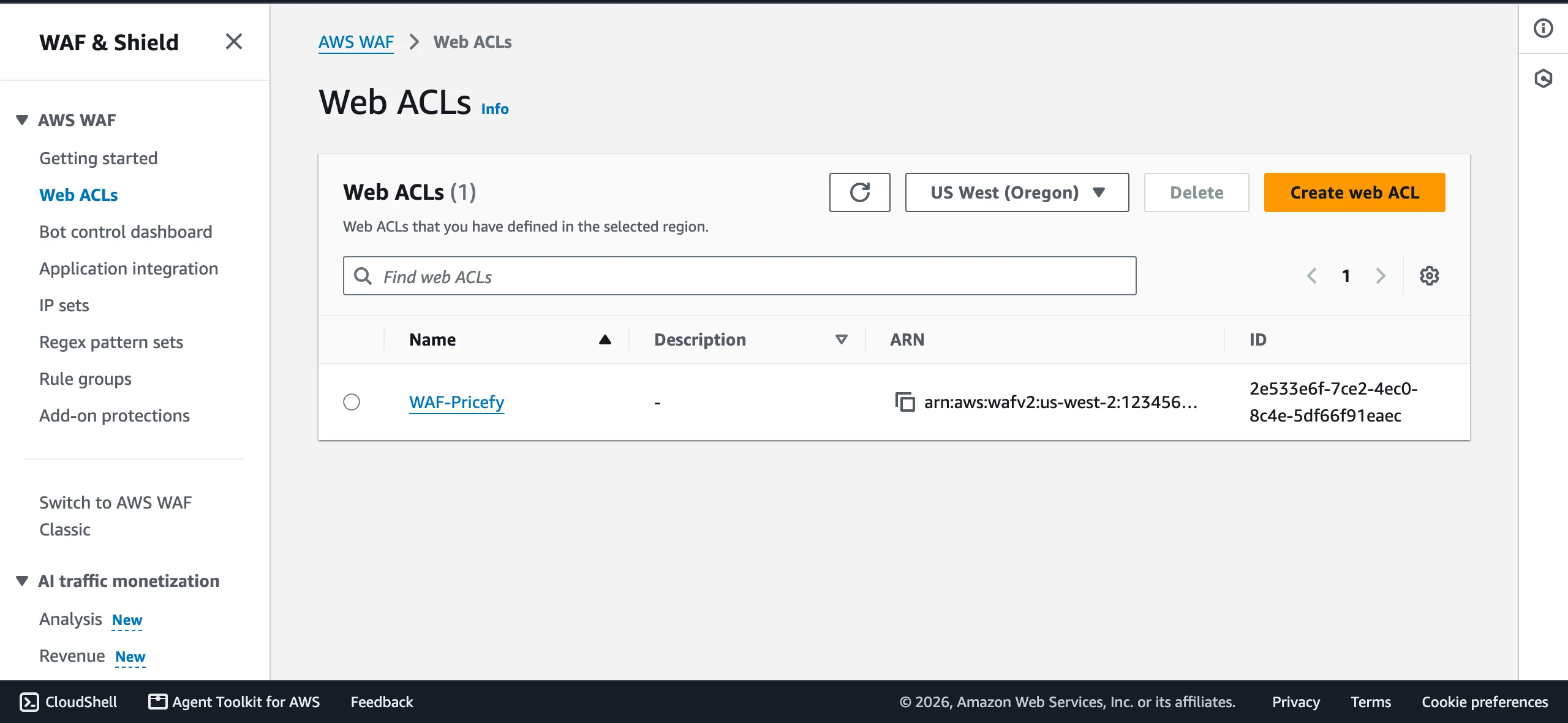 AWS WAF console showing the Web ACLs list, where you select the web ACL that protects your store