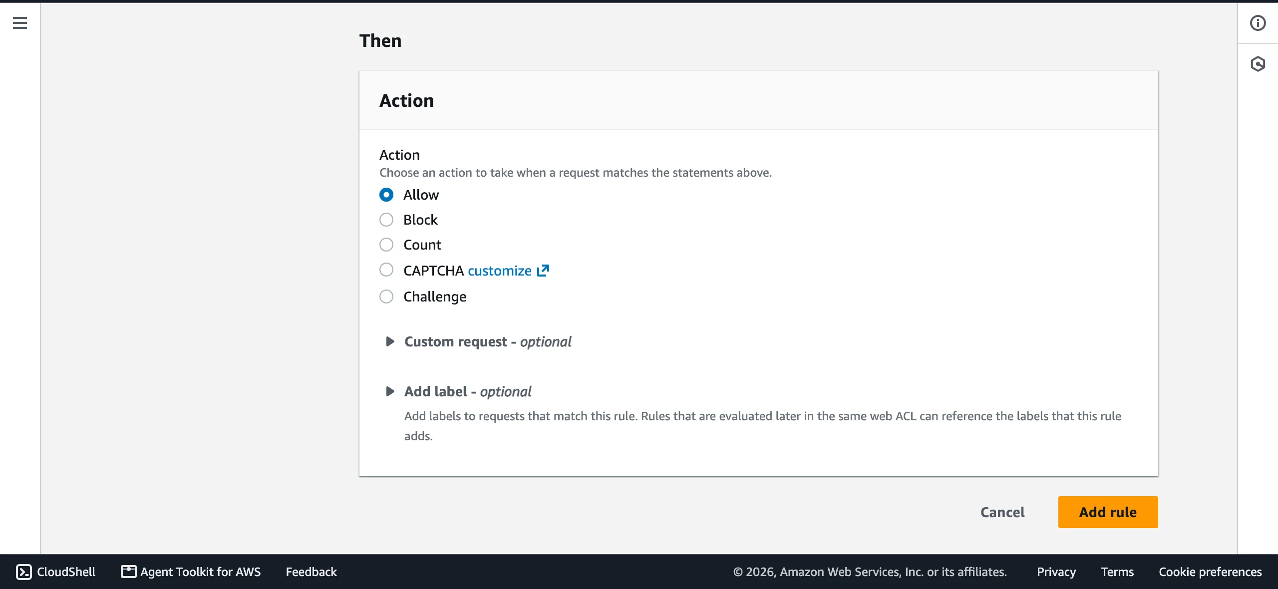 The Allow action selected for the Allow-Pricefy rule in AWS WAF