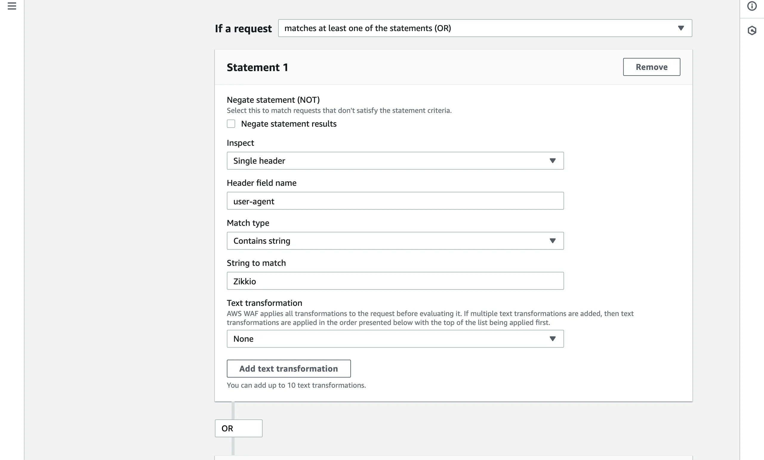 The first statement in the AWS WAF rule builder: If a request matches at least one of the statements (OR), Single header user-agent, Contains string, Zikkio