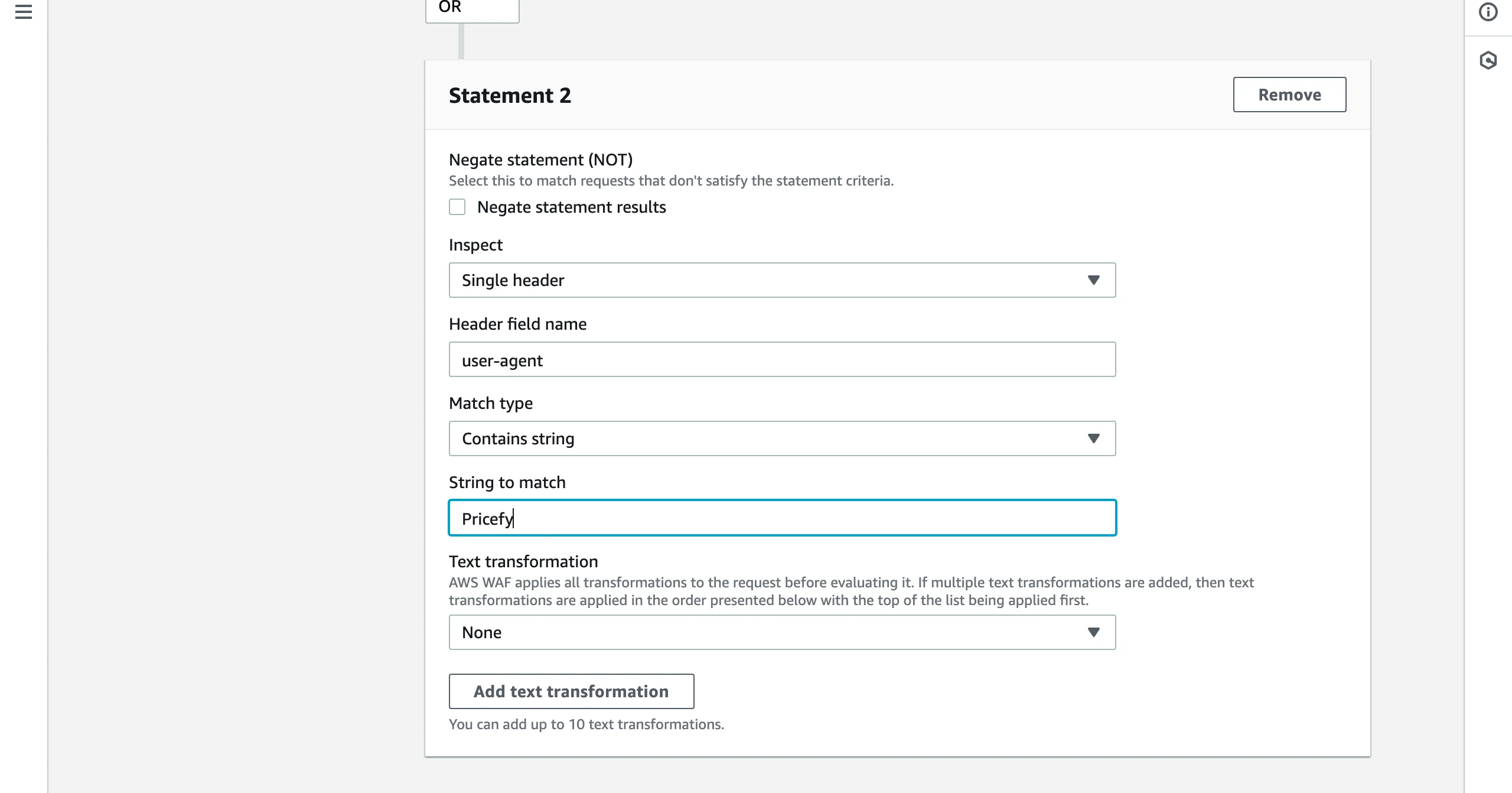 The second statement in the AWS WAF rule builder: Single header user-agent, Contains string, Pricefy