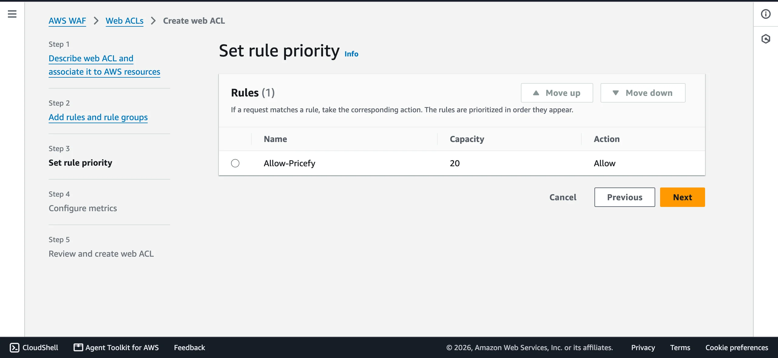 The Set rule priority page in AWS WAF with the Move up and Move down buttons