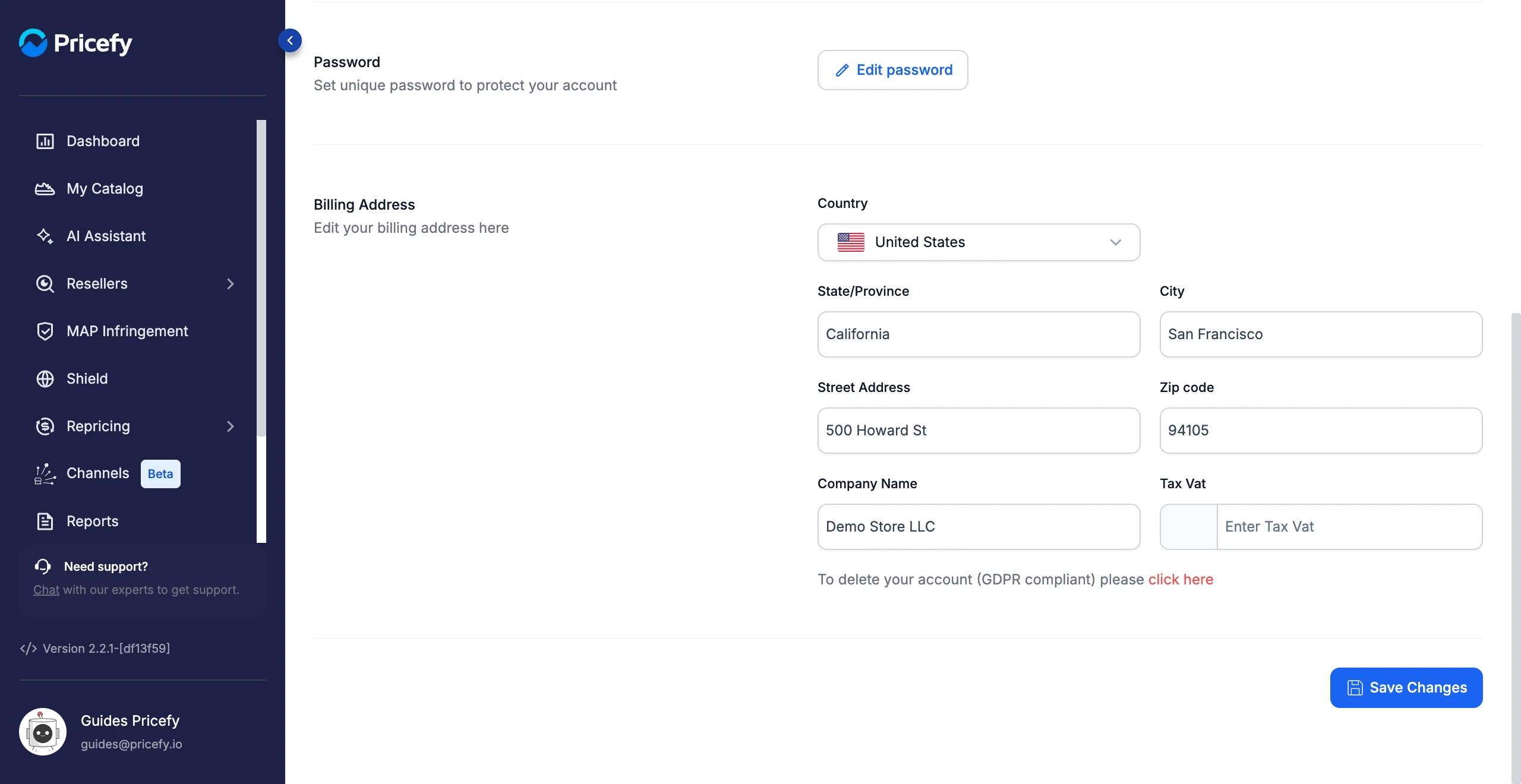 The Billing Address section in Pricefy with the country, address and company name filled in.
