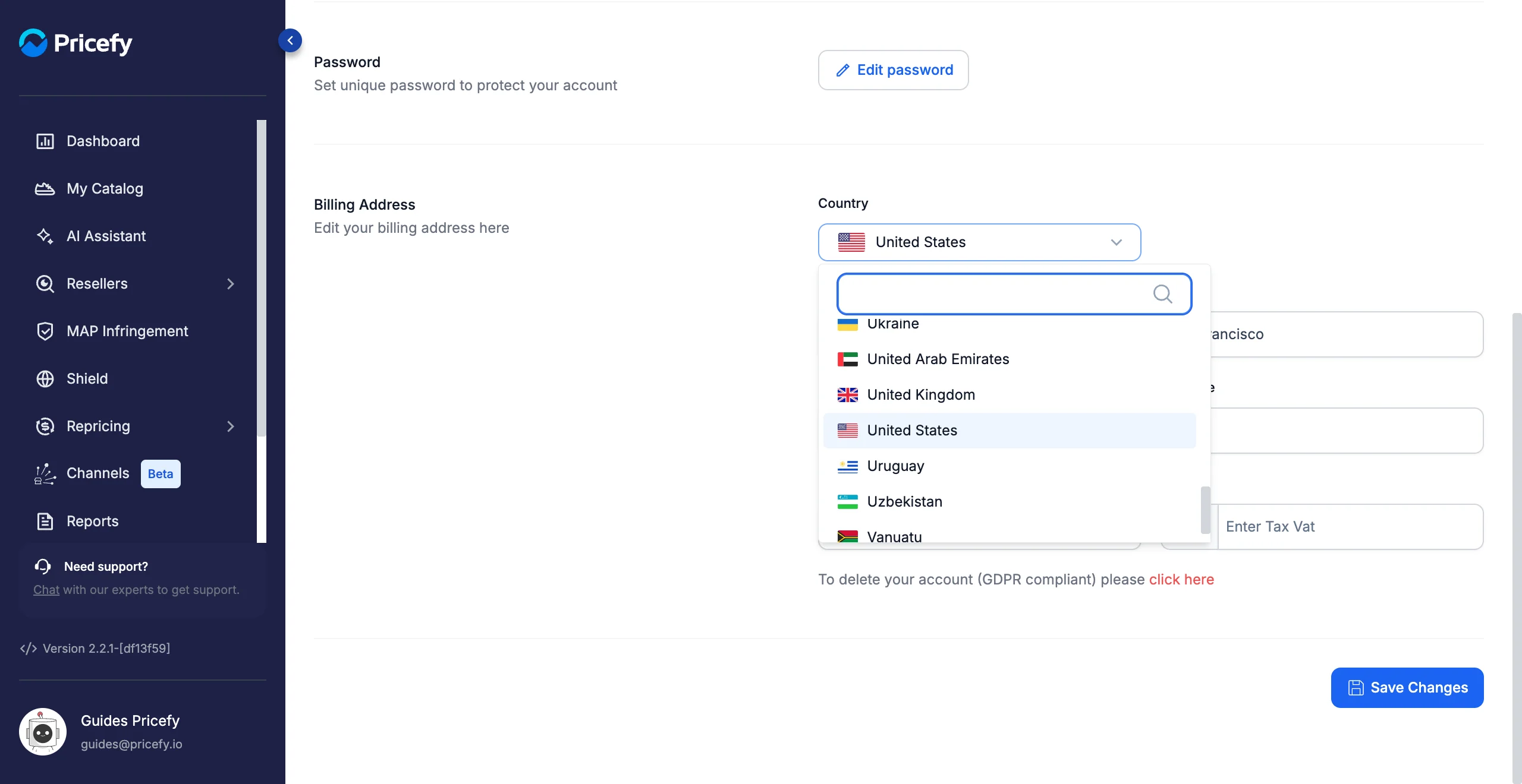The searchable Country dropdown open in the Pricefy Billing Address section.