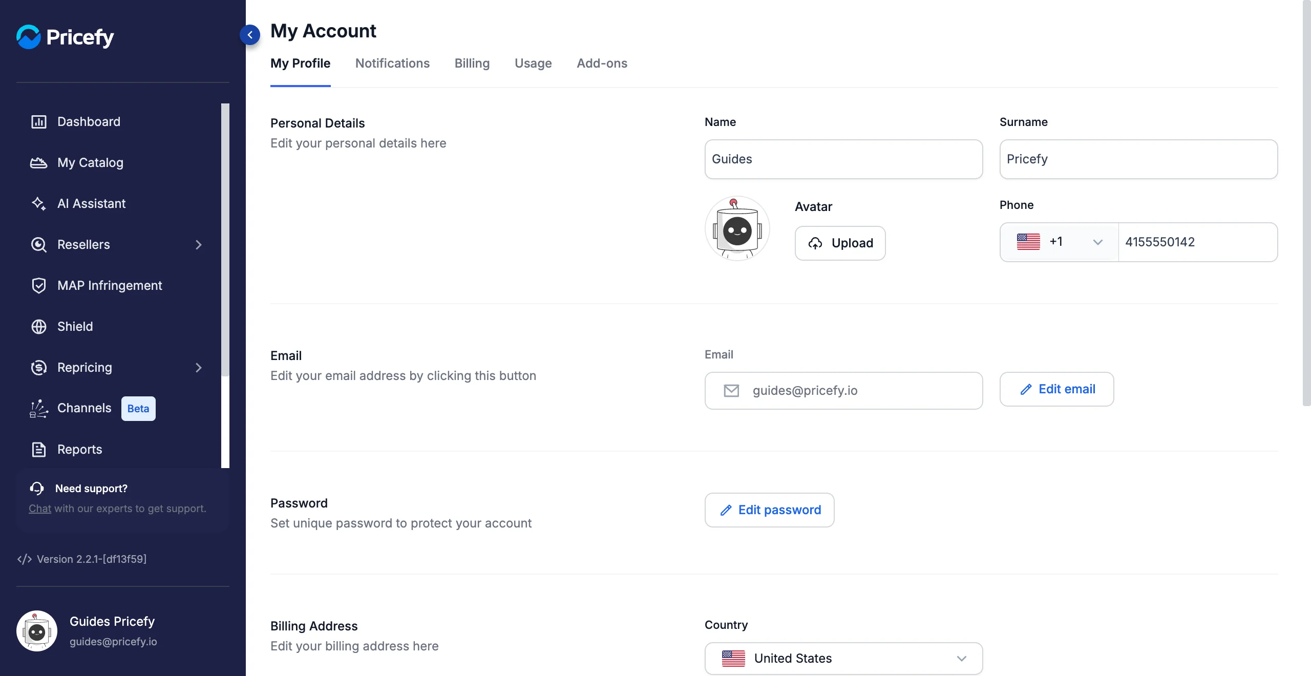 The My Profile tab in Pricefy, where the Billing Address section is found.