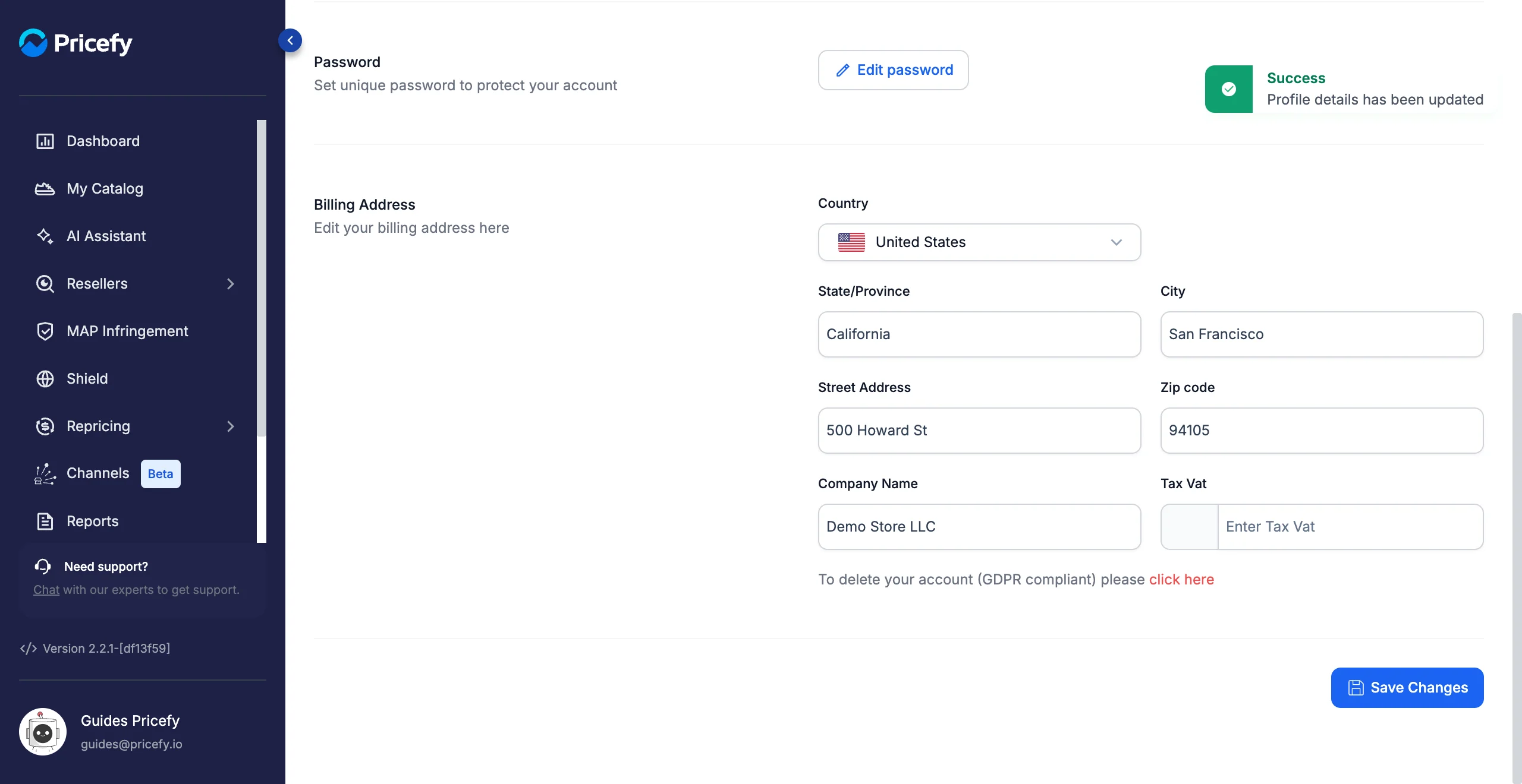 Saving billing information in Pricefy with the Profile details has been updated confirmation.