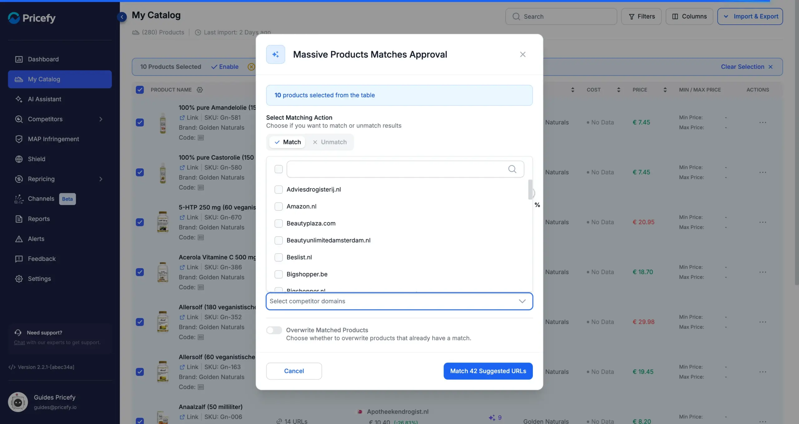 Domains filter listing the competitor domains to include in the bulk approval