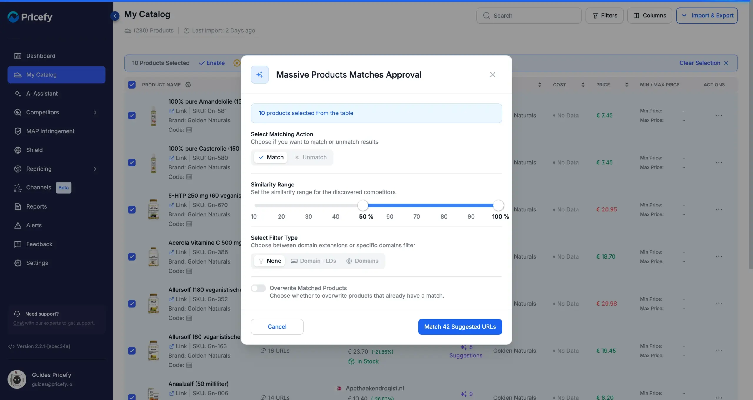 Massive Products Matches Approval modal with the Match action selected and a live count of suggested URLs