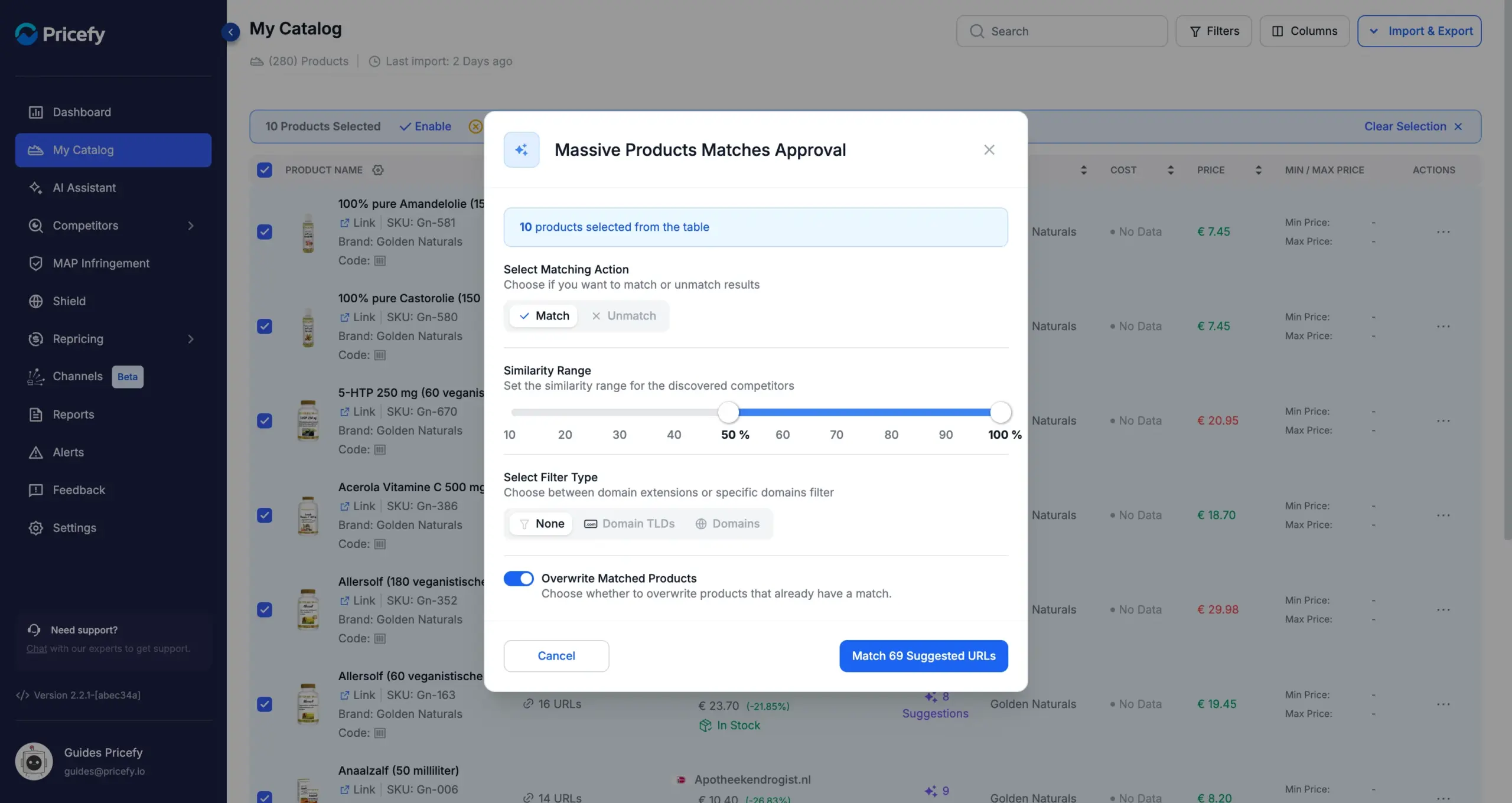 Overwrite Matched Products toggle switched on in the Massive Products Matches Approval modal