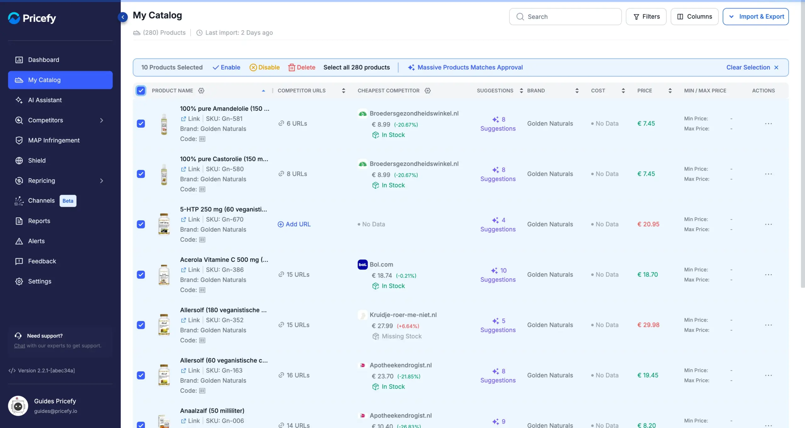 My Catalog with products selected and the Massive Products Matches Approval button in the bulk toolbar