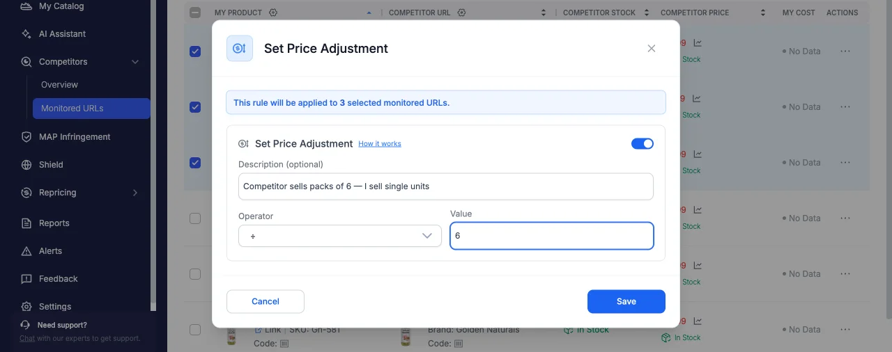 Bulk Set Price Adjustment window applying a rule to selected monitored URLs