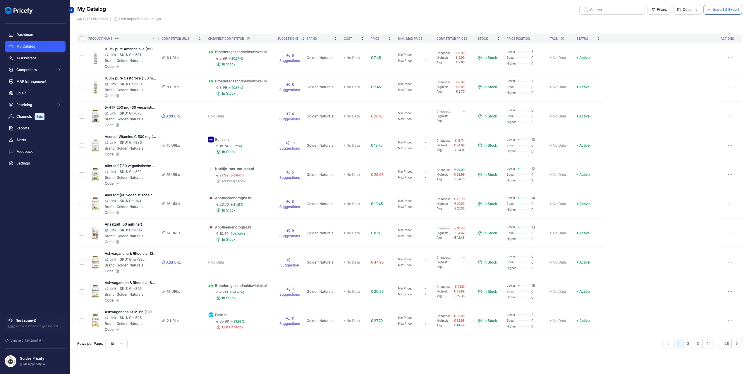 Pricefy My Catalog showing each product's Suggestions count to open its Automatch matches.
