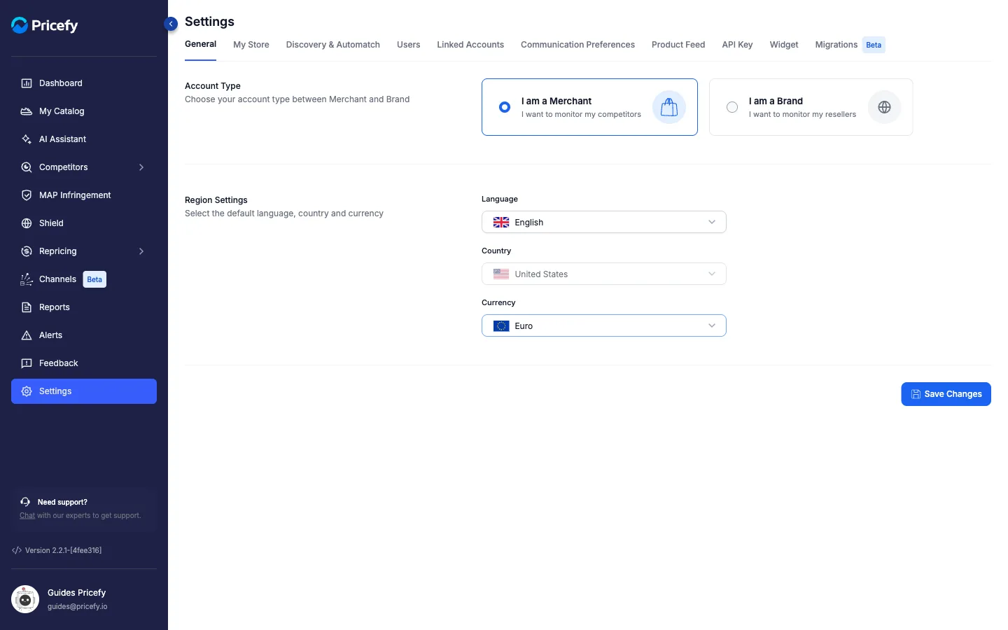 Pricefy Settings General tab showing Region Settings with the Currency field set to Euro and the Save Changes button.