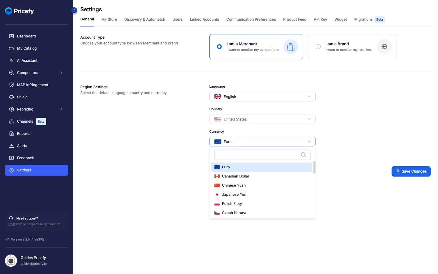 The Currency dropdown open in Pricefy General settings, listing selectable currencies to change your account currency.