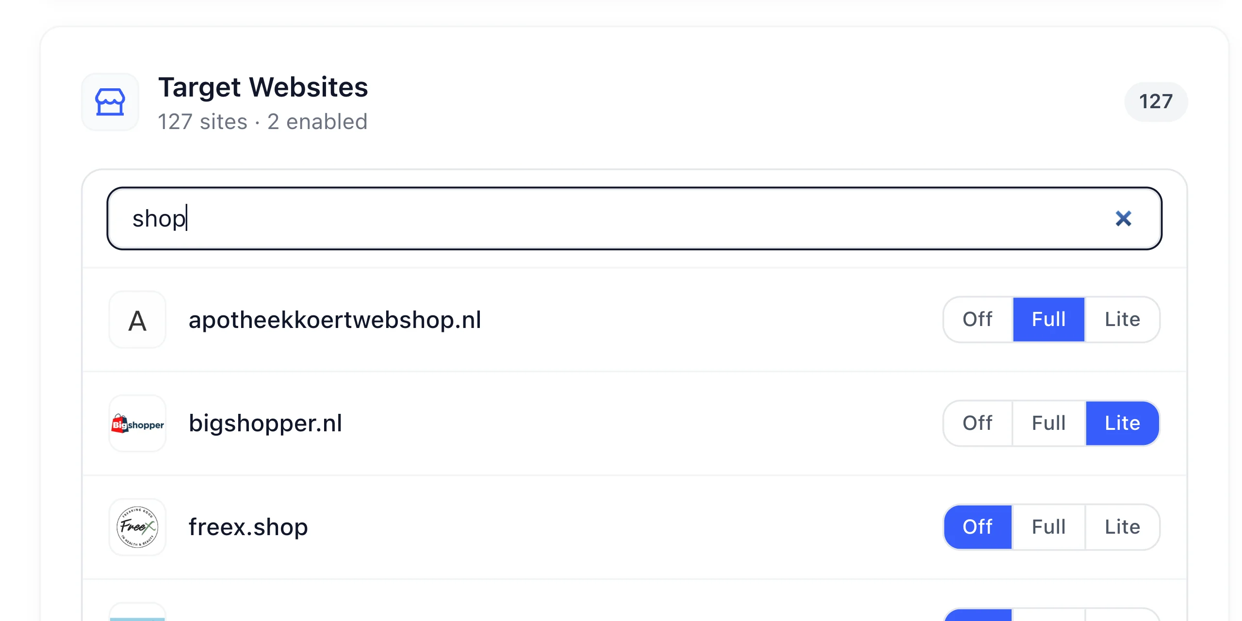 Target Websites list in the Pricefy Chrome extension, with the Off, Full and Lite mode selector on each competitor