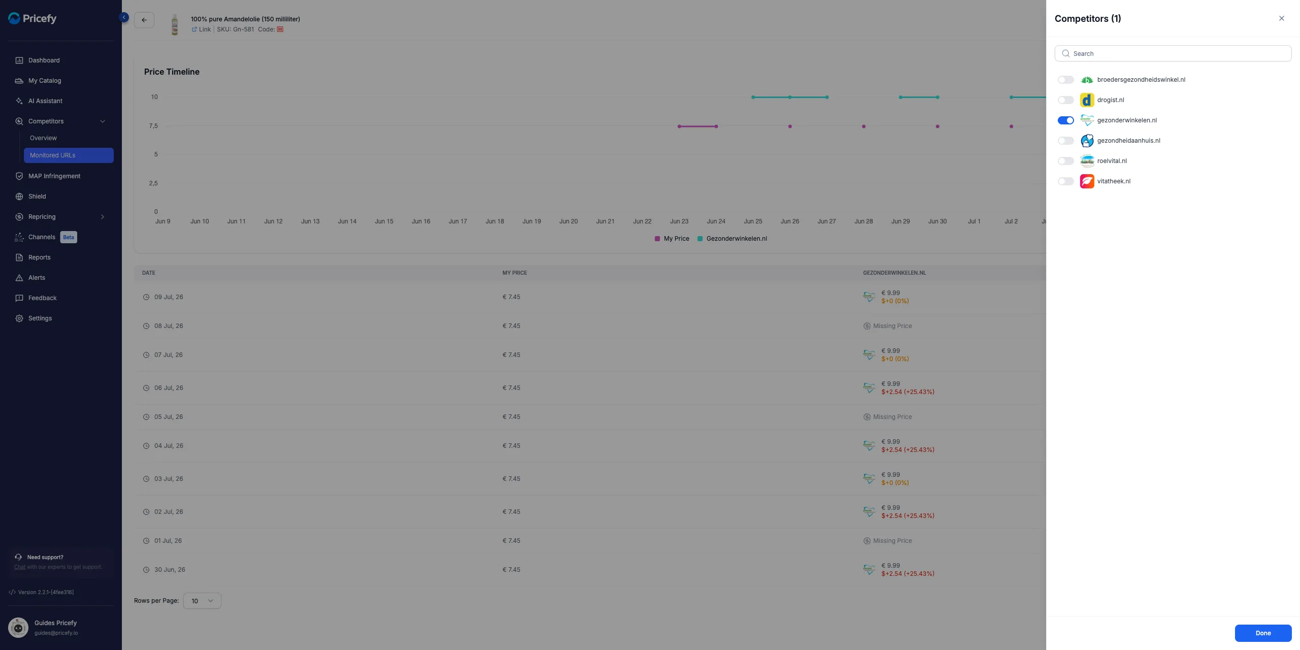 Pricefy Competitors panel to toggle several competitors onto the same price history timeline for comparison.