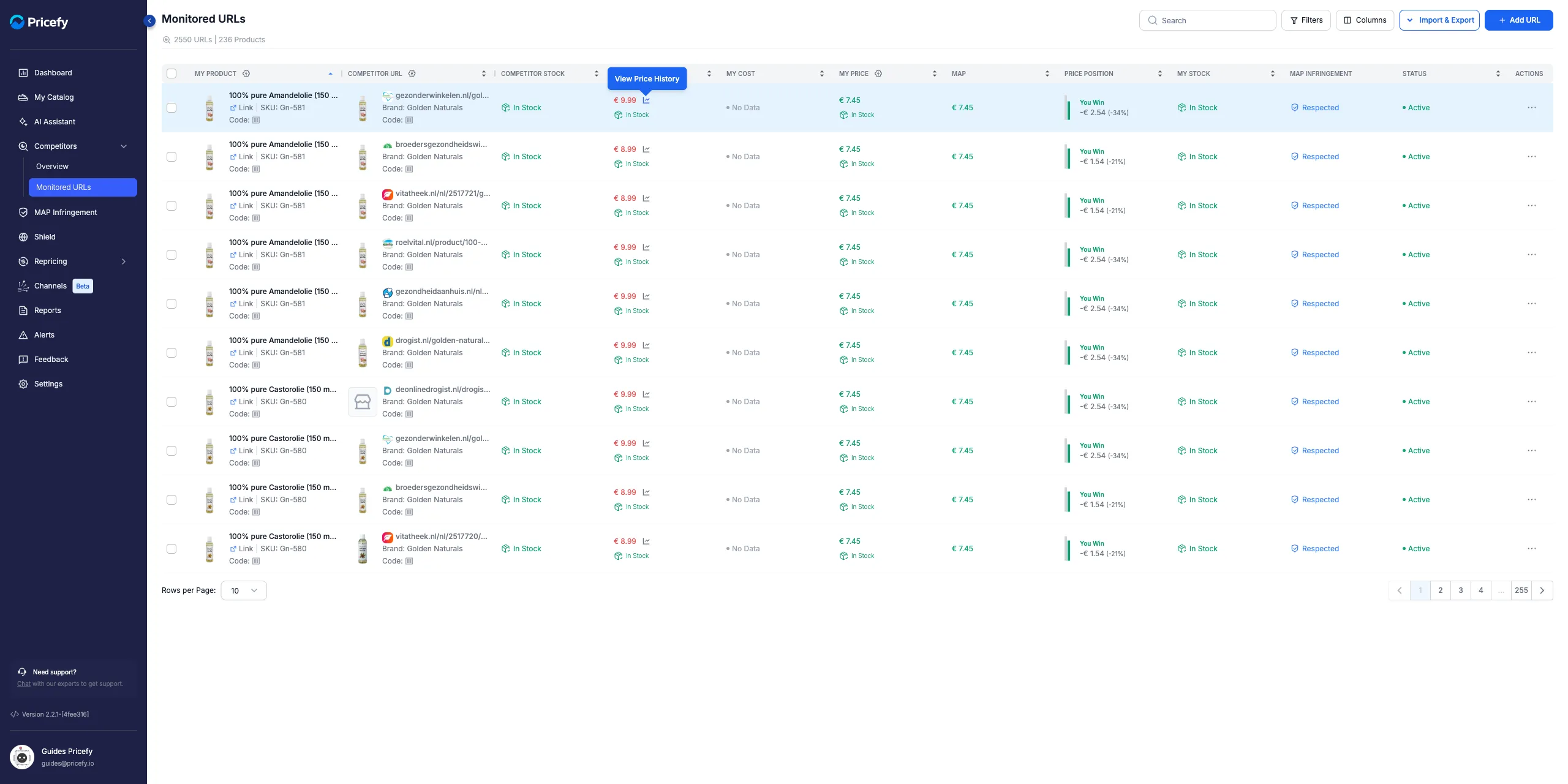The View Price History chart icon next to a competitor's price on the Monitored URLs page in Pricefy.