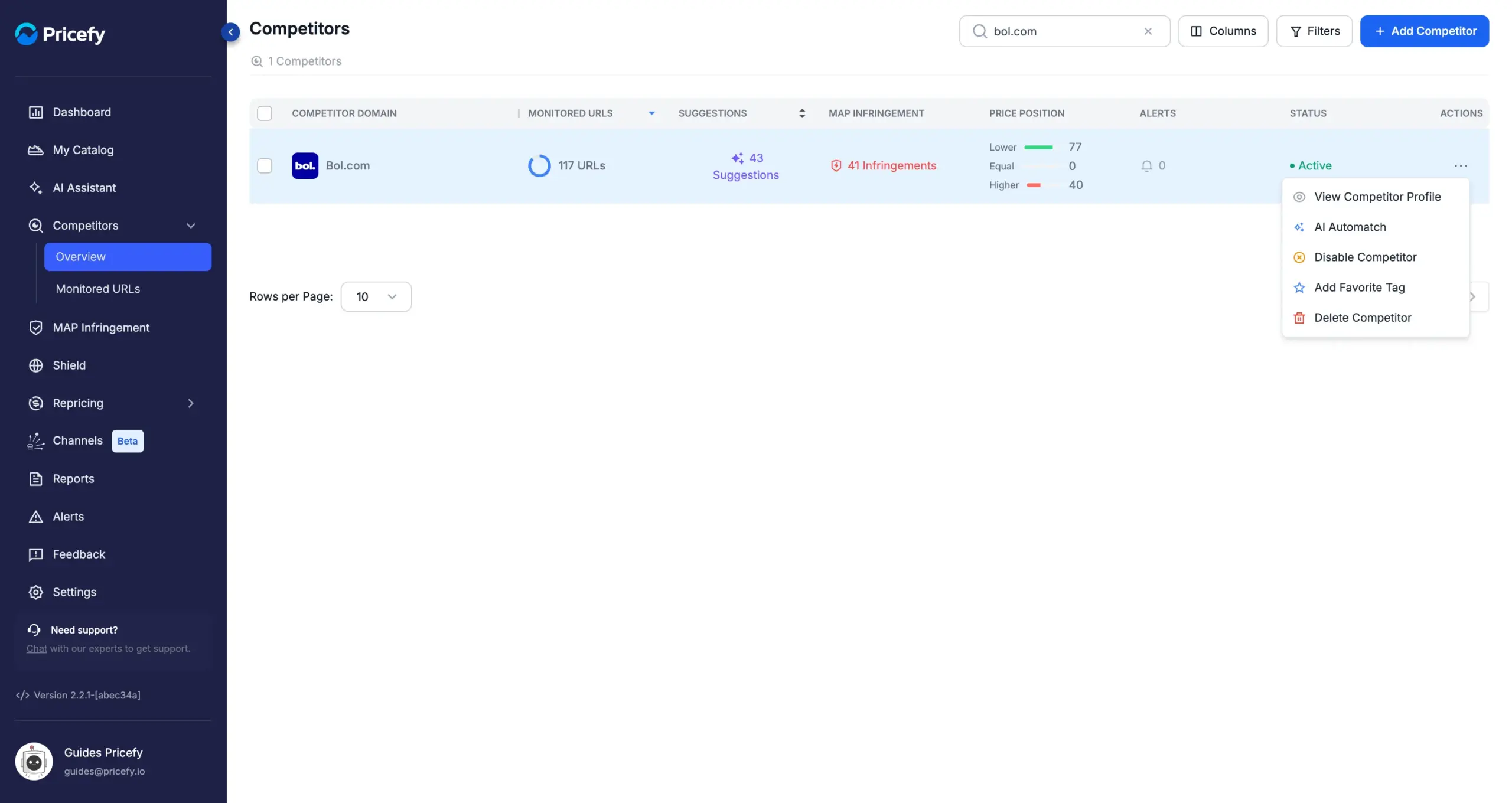 Actions menu on Competitors Overview with the View Competitor Profile entry