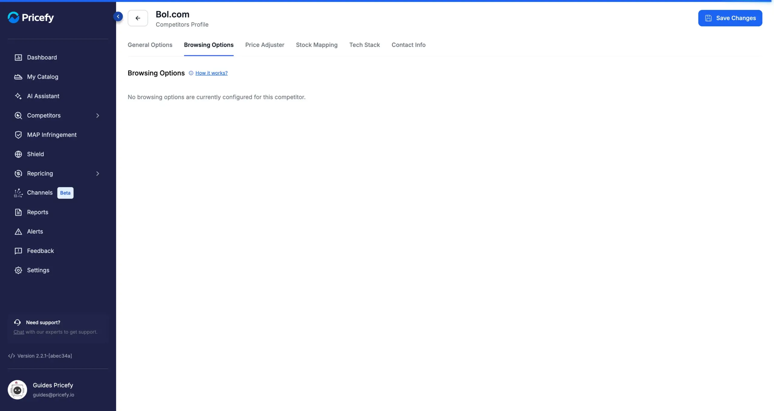 Browsing Options tab of the Competitor Profile, managed by Pricefy