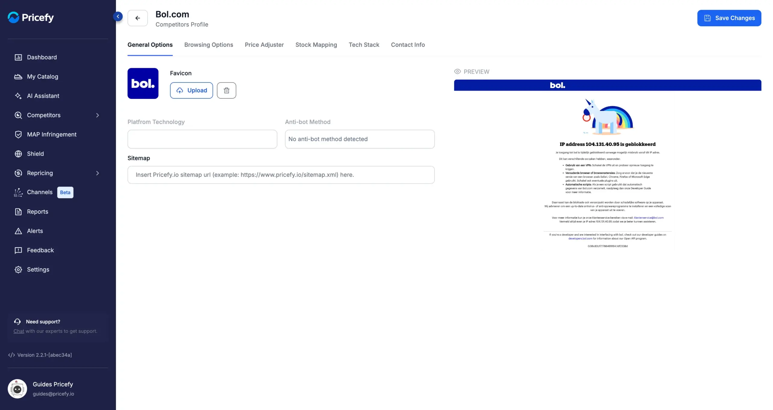 General Options tab of the Competitor Profile: favicon, detected technology, sitemap and site preview