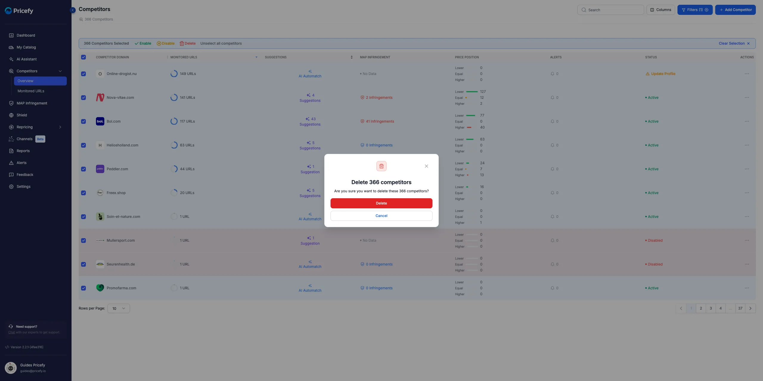 Pricefy confirmation dialog before deleting the selected foreign competitors.