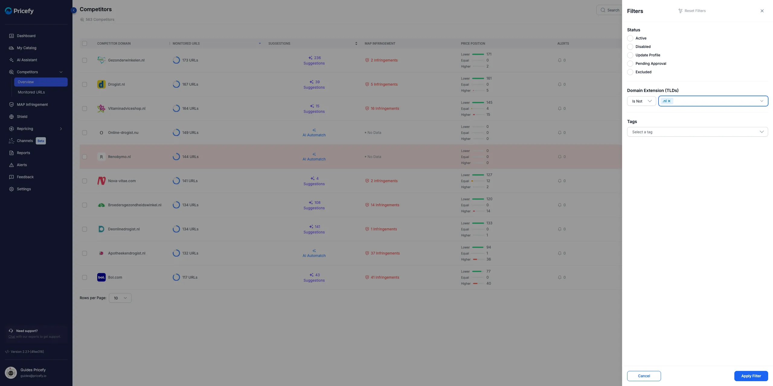 Pricefy Competitors filter set to Domain Extension (TLDs) Is Not, to keep only competitors from your country.