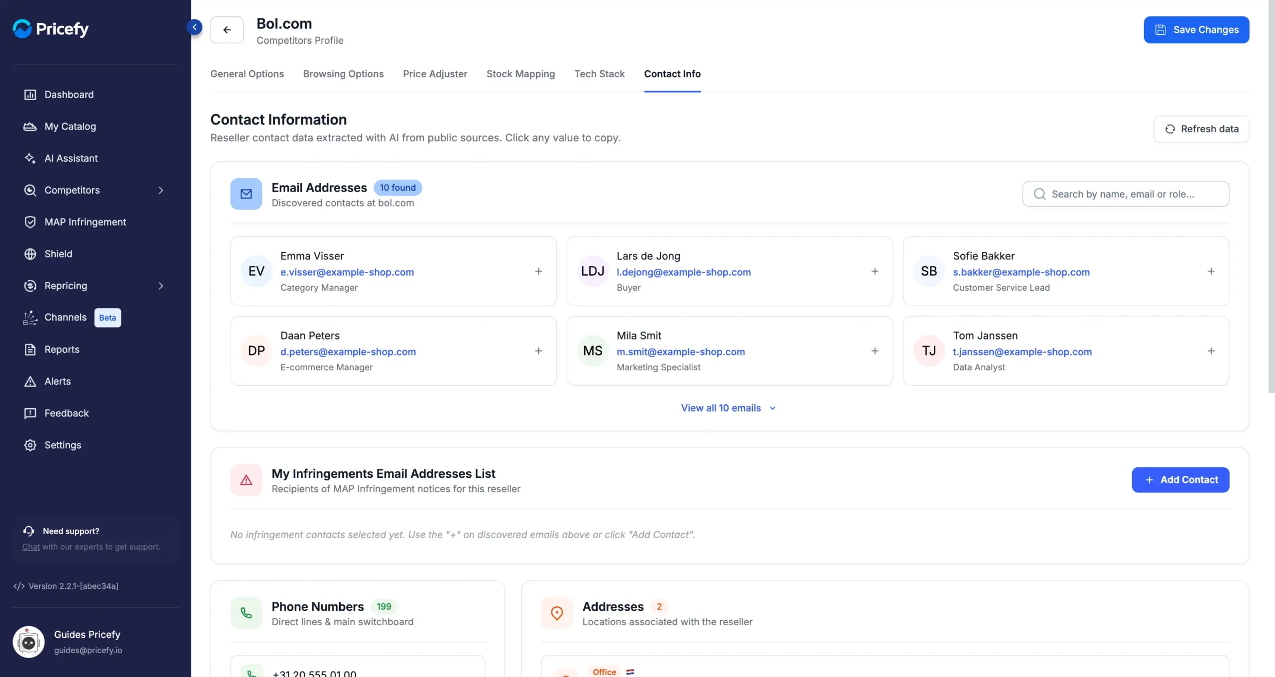 Contact Info tab with AI-discovered competitor contact information: email addresses with roles and search