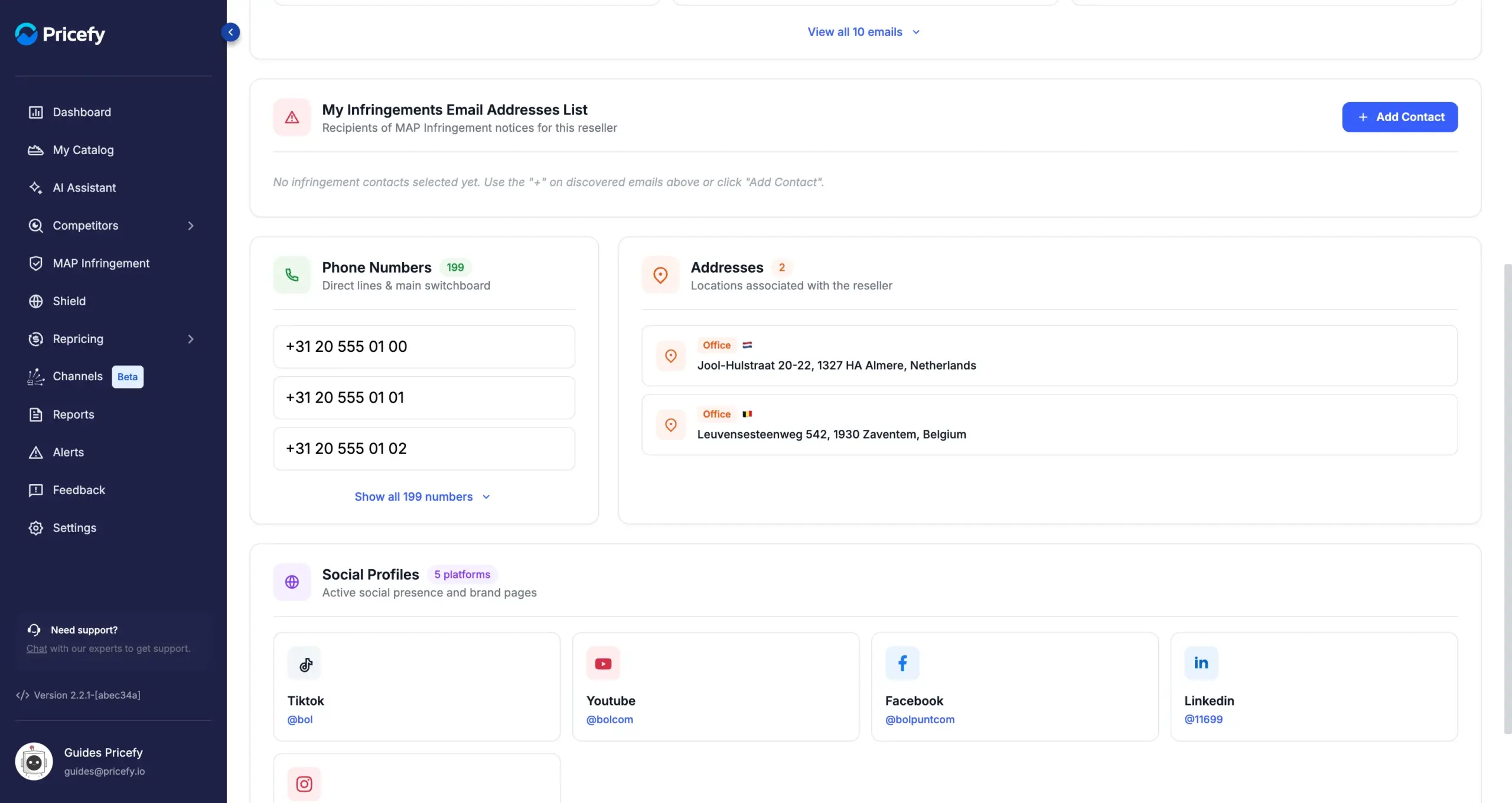 Phone numbers, addresses and social profiles discovered for a competitor