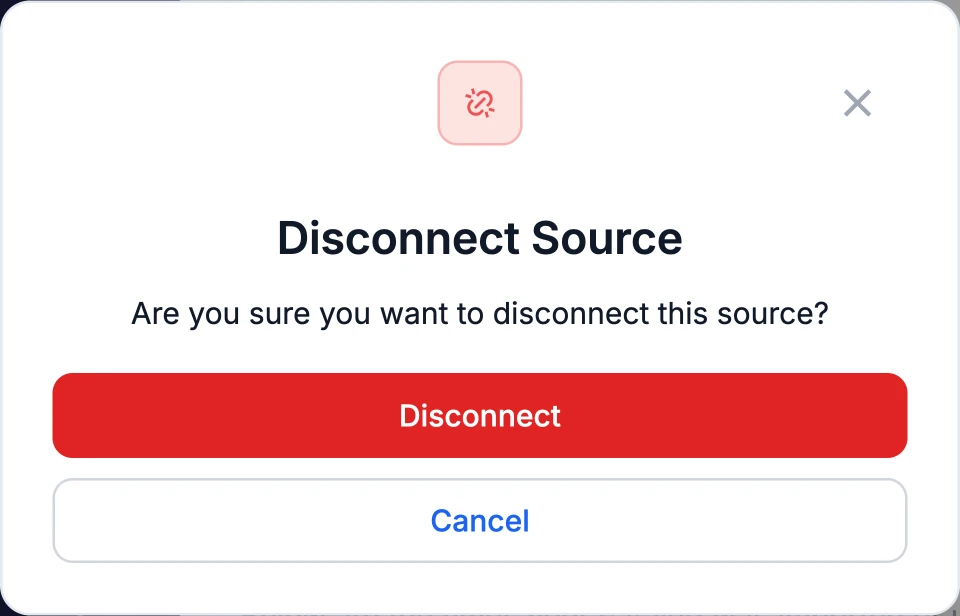 The Disconnect Source confirmation dialog in Pricefy.