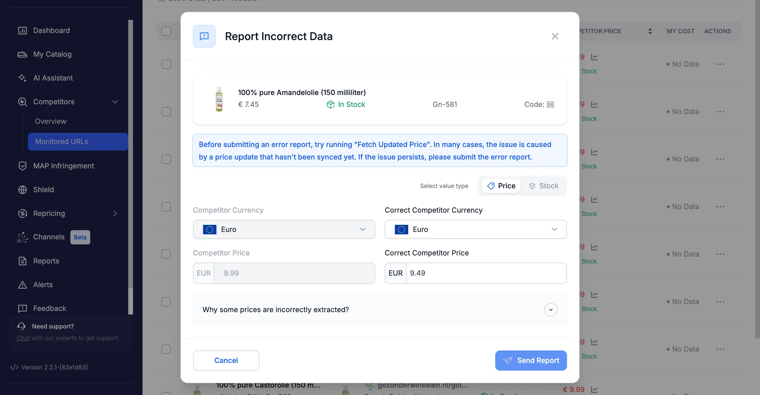 The Report Incorrect Data modal with the Price value type selected and a corrected competitor price entered.