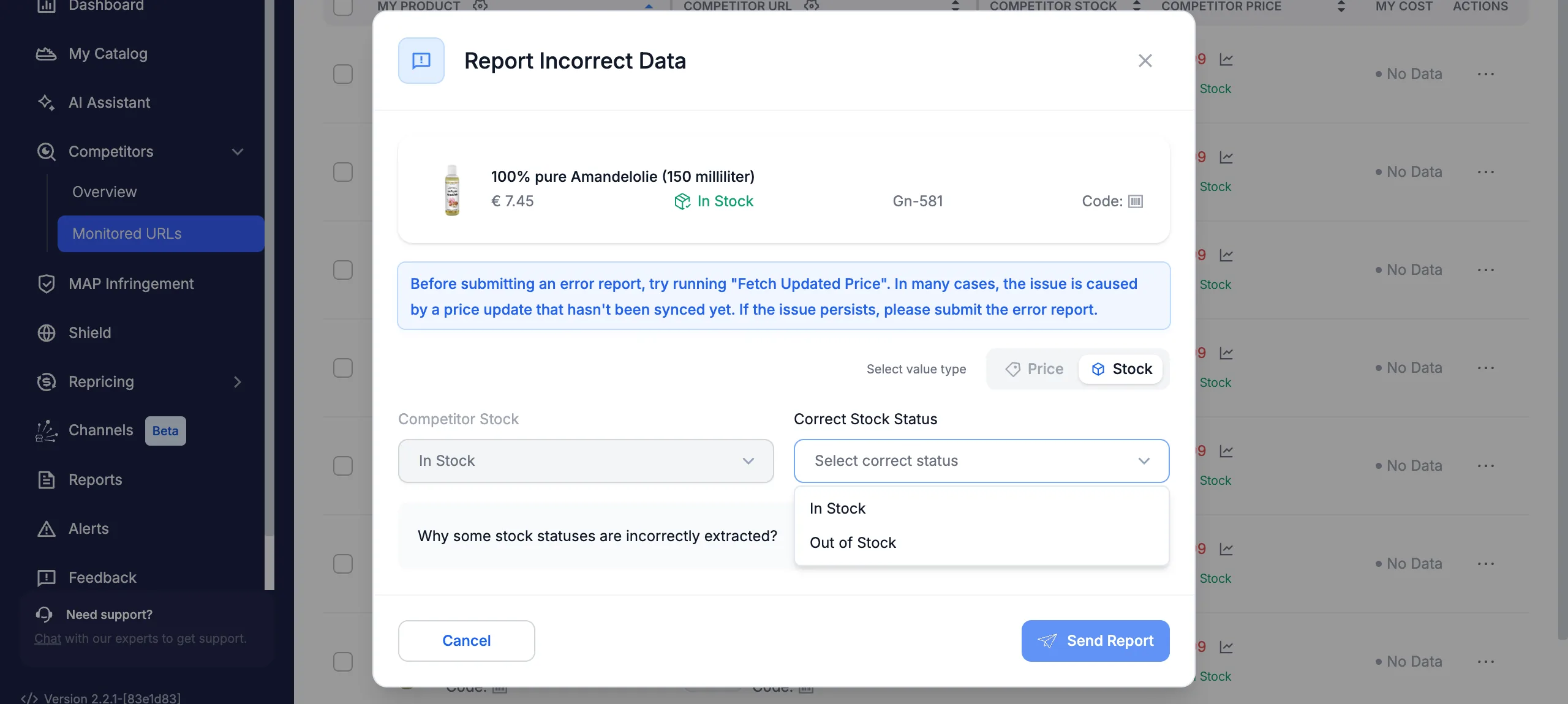 The Stock report form with the Correct Stock Status dropdown open, showing In Stock and Out of Stock.