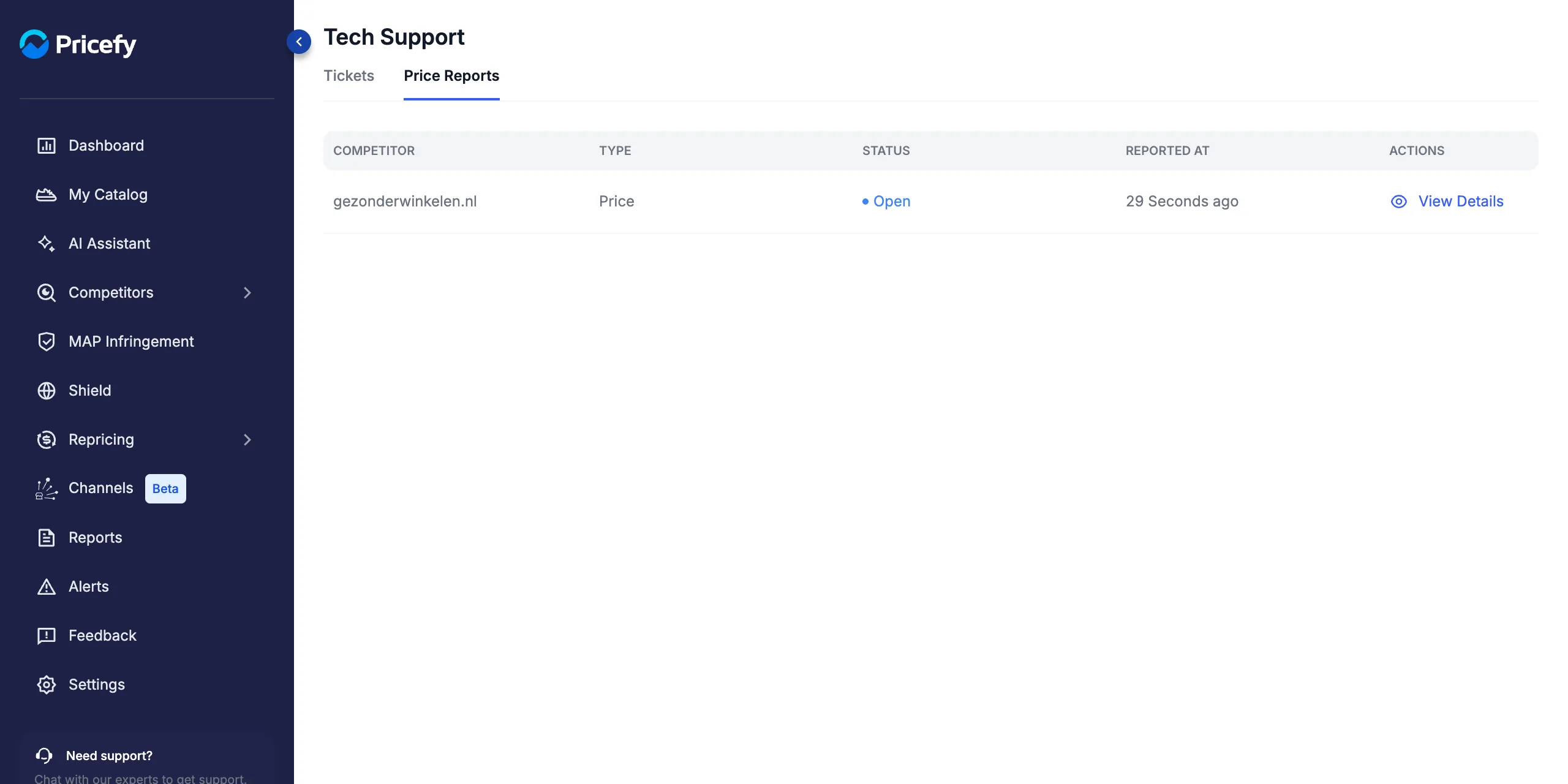 The Price Reports tab in Tech Support listing a submitted report with status Open.