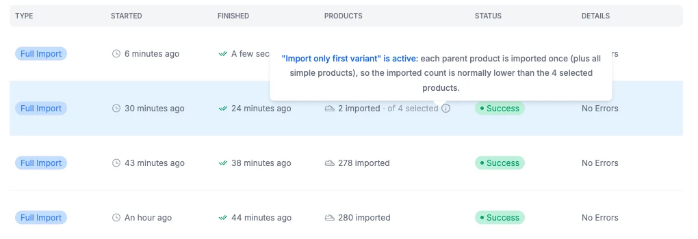 Close-up of an Import History row in Pricefy showing 2 imported of 4 selected, with the tooltip explaining that Import only first variant is active.