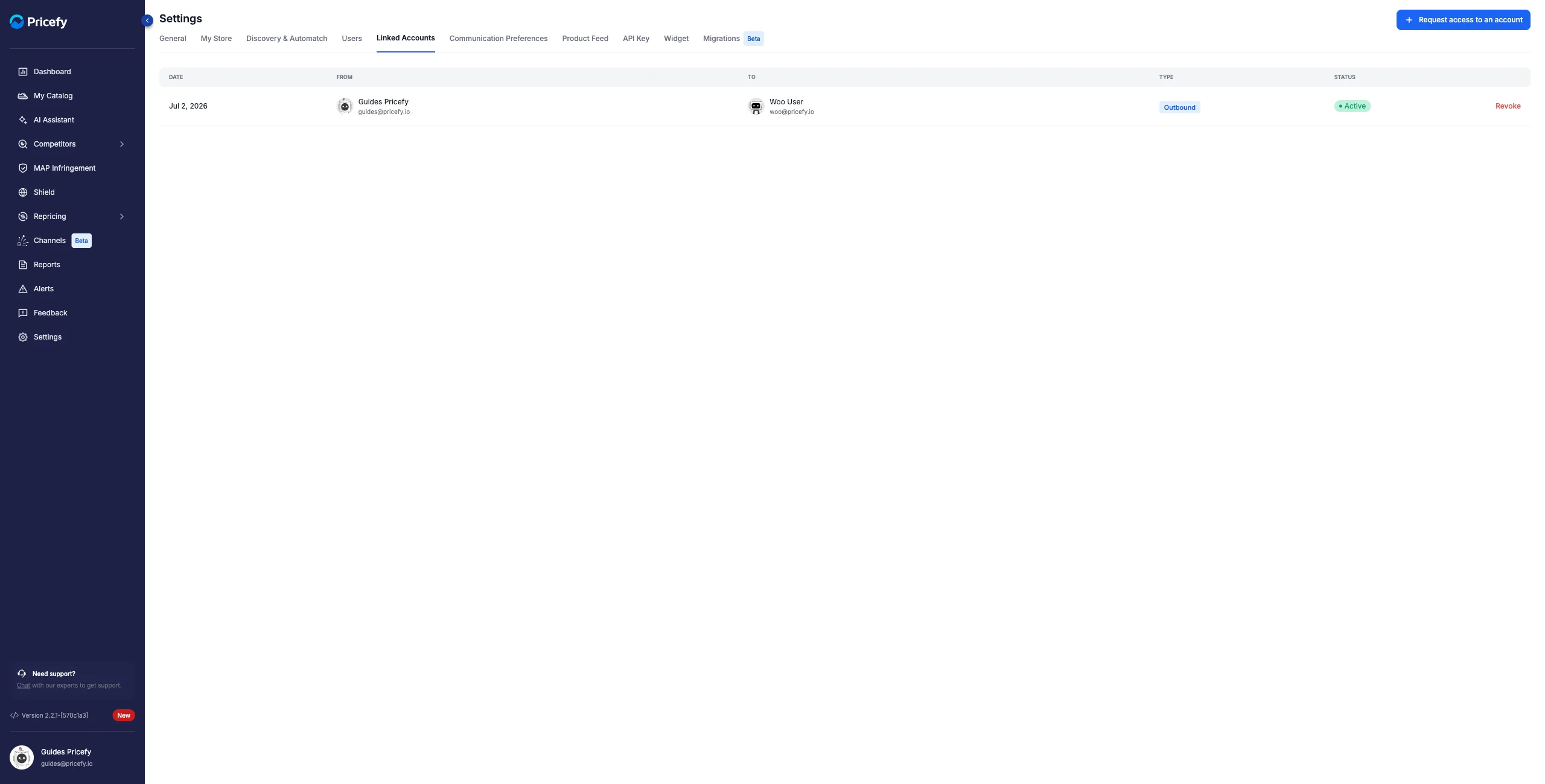 An active linked account: the request has been approved and the status is Active.