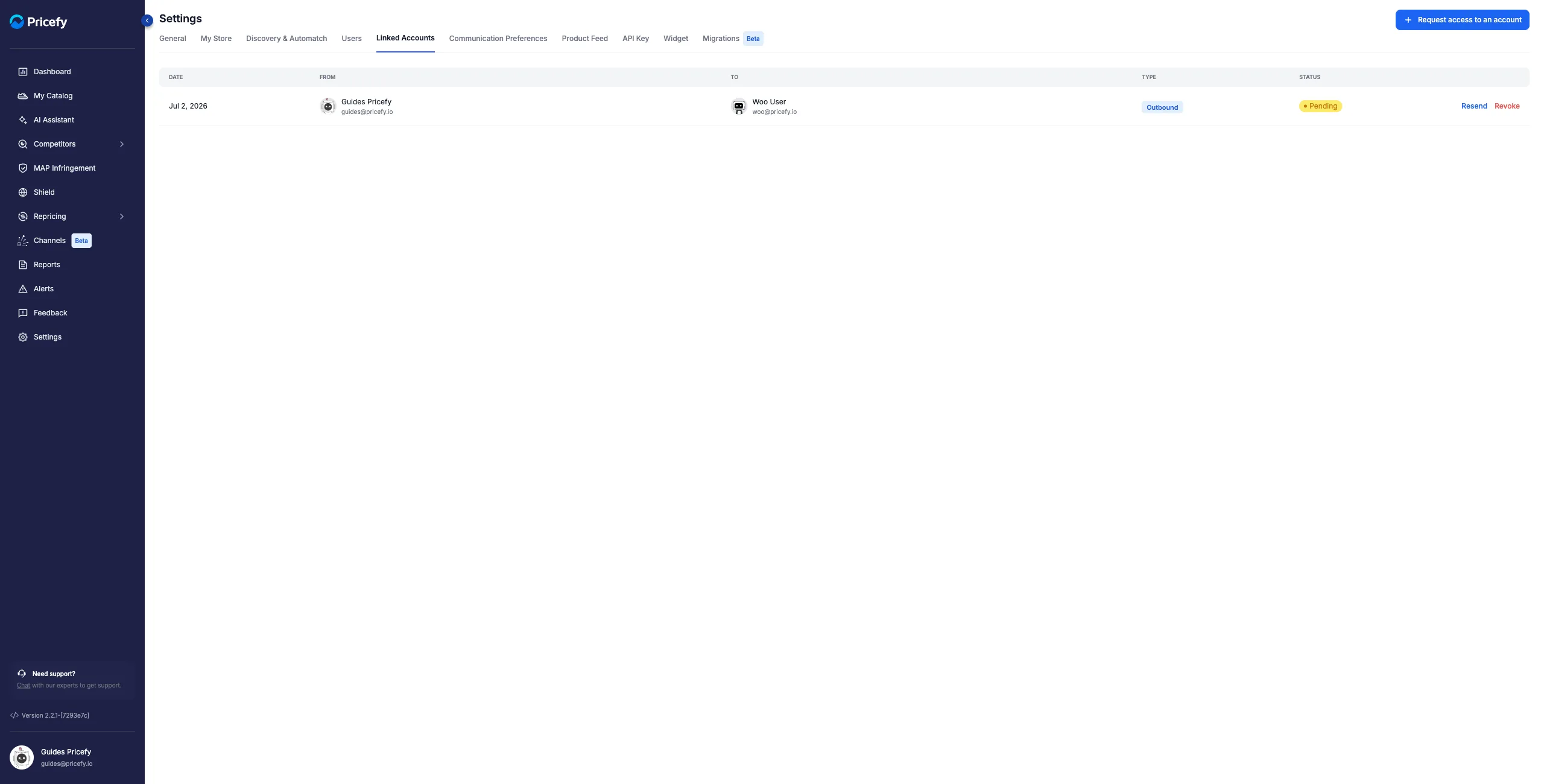 An outbound linked-account request in Pending status, with Resend and Revoke actions.