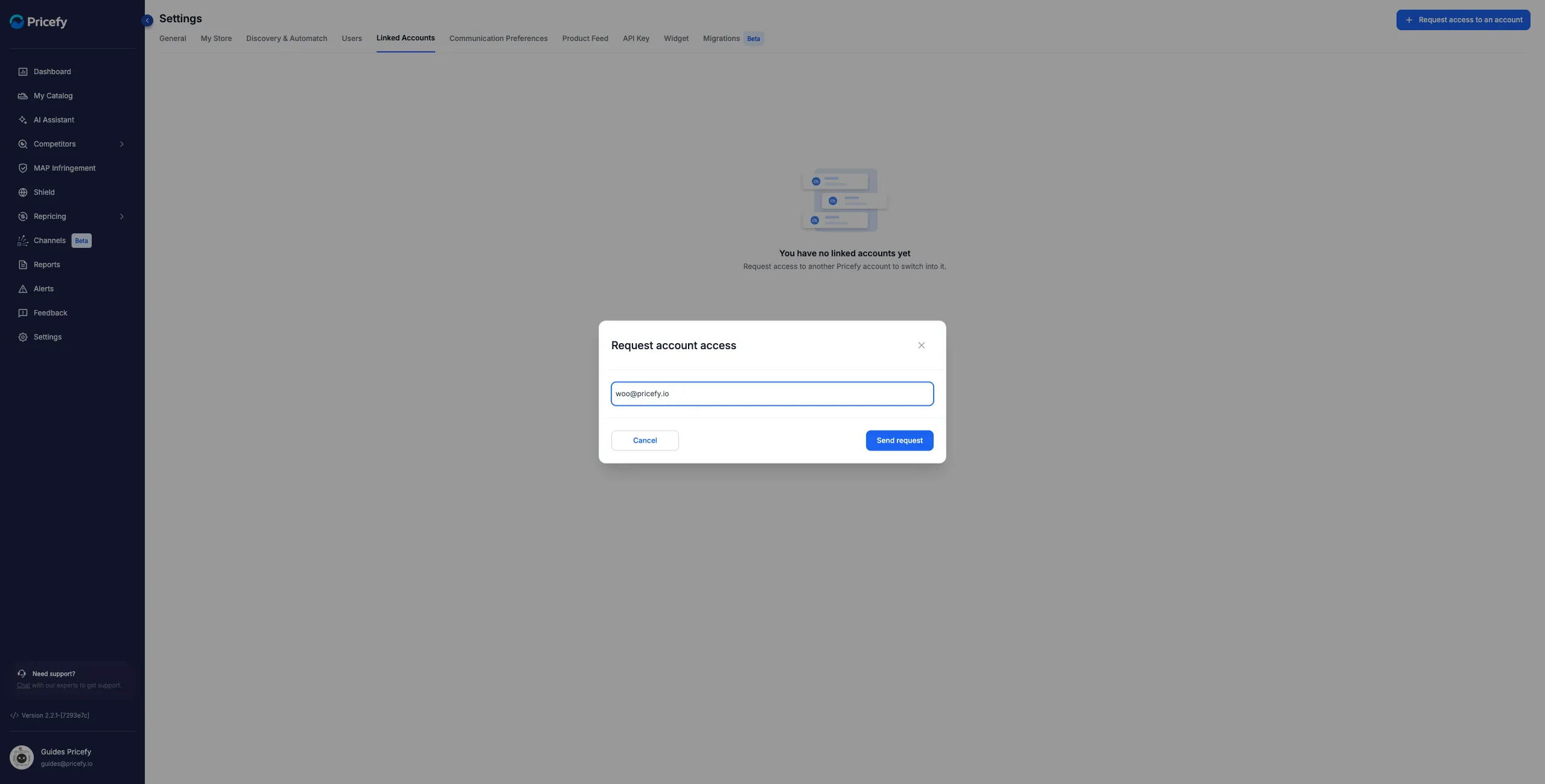 The Request account access dialog, where you enter the email of the Pricefy account you want to link.