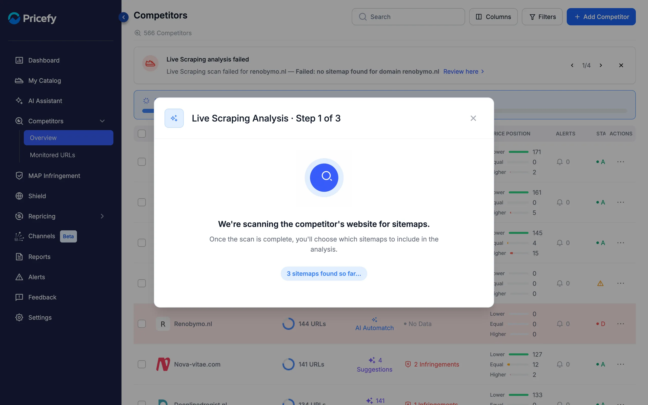Live Scraping Analysis step 1 — Pricefy scans the competitor's website for sitemaps, with a live counter of sitemaps found.