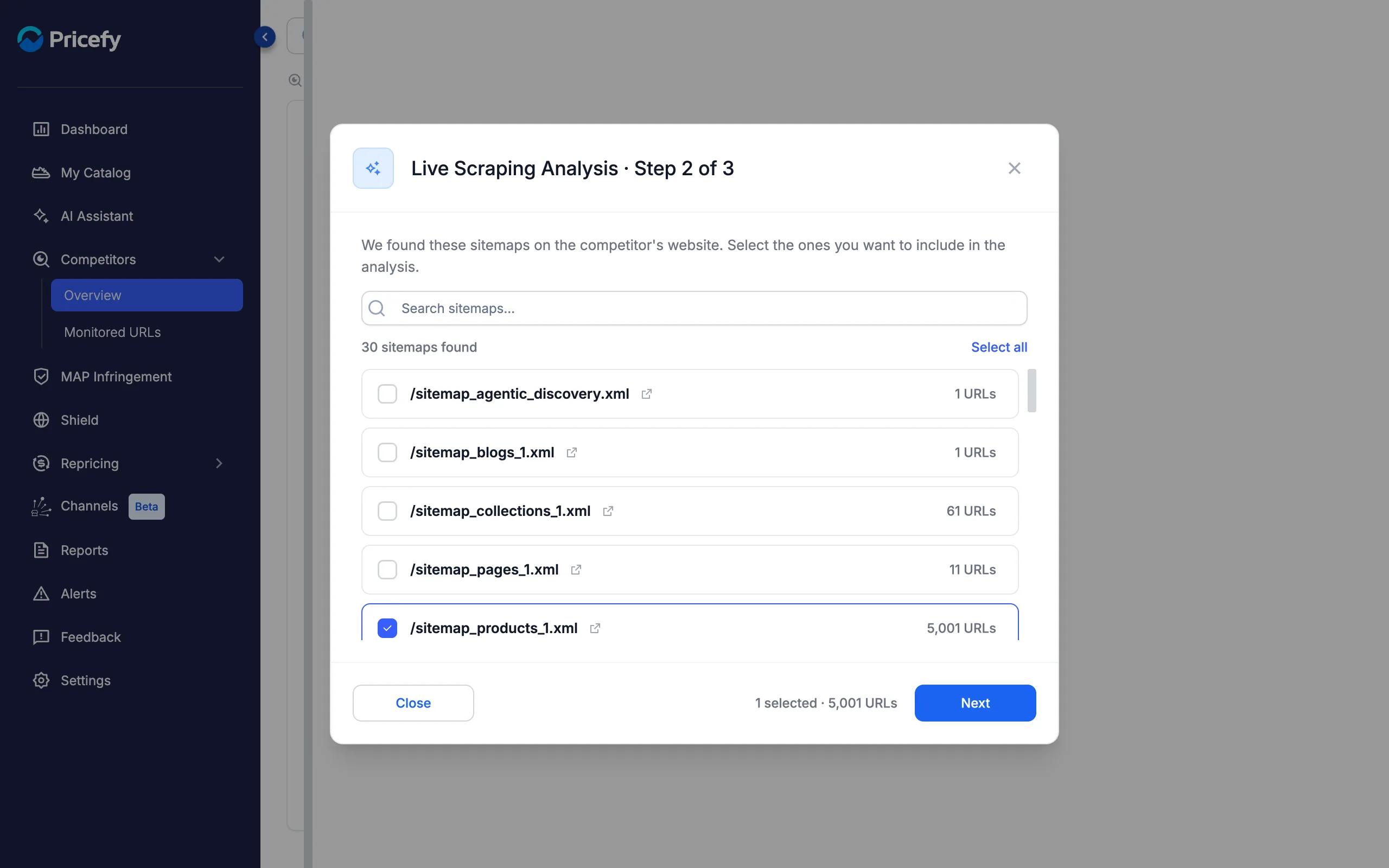 Live Scraping Analysis step 2 — the sitemaps found on the competitor's site, each with its URL count; select the ones to analyze.