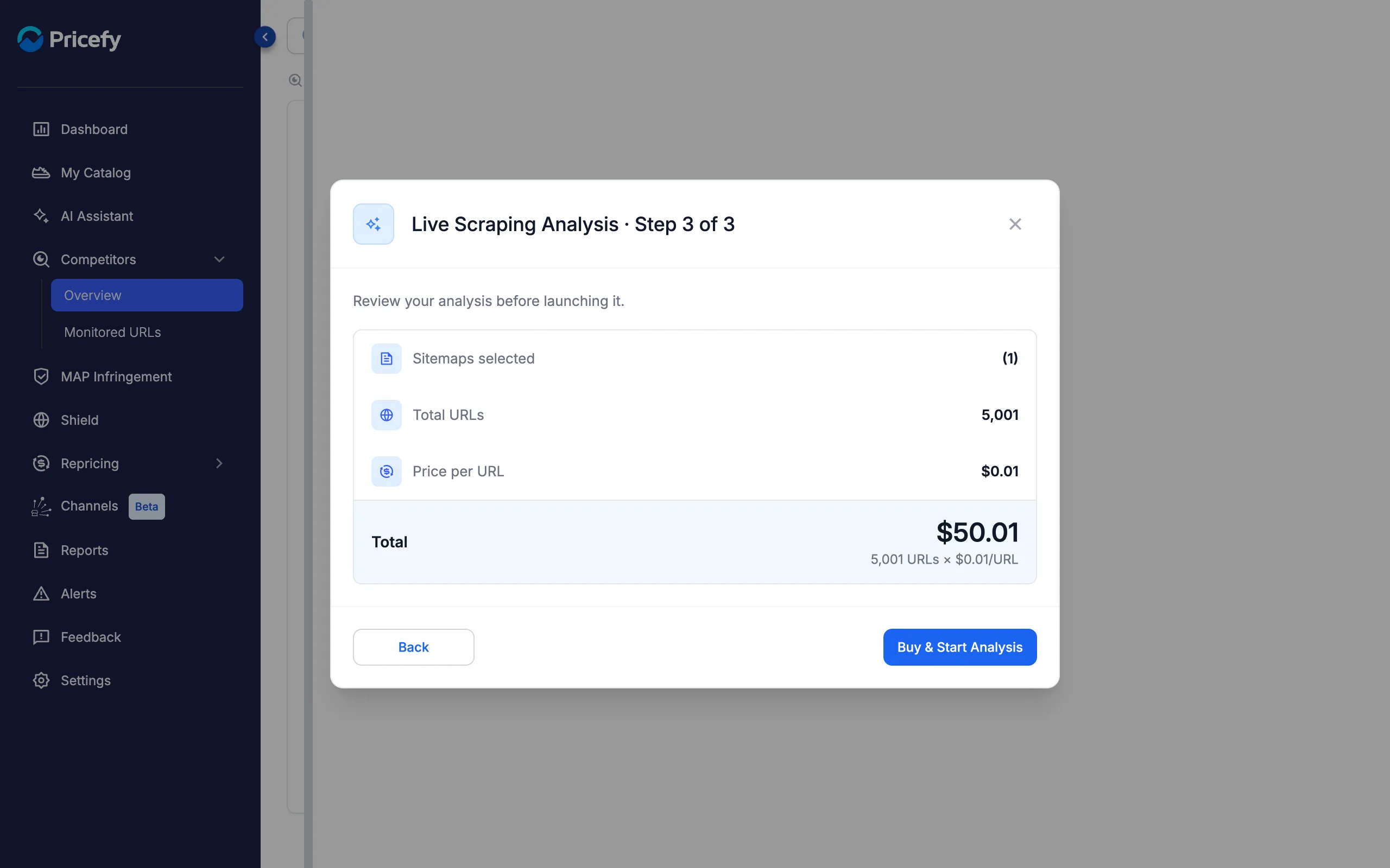 Live Scraping Analysis step 3 — the quote: sitemaps selected, total URLs, price per URL and total cost, with Buy & Start Analysis.