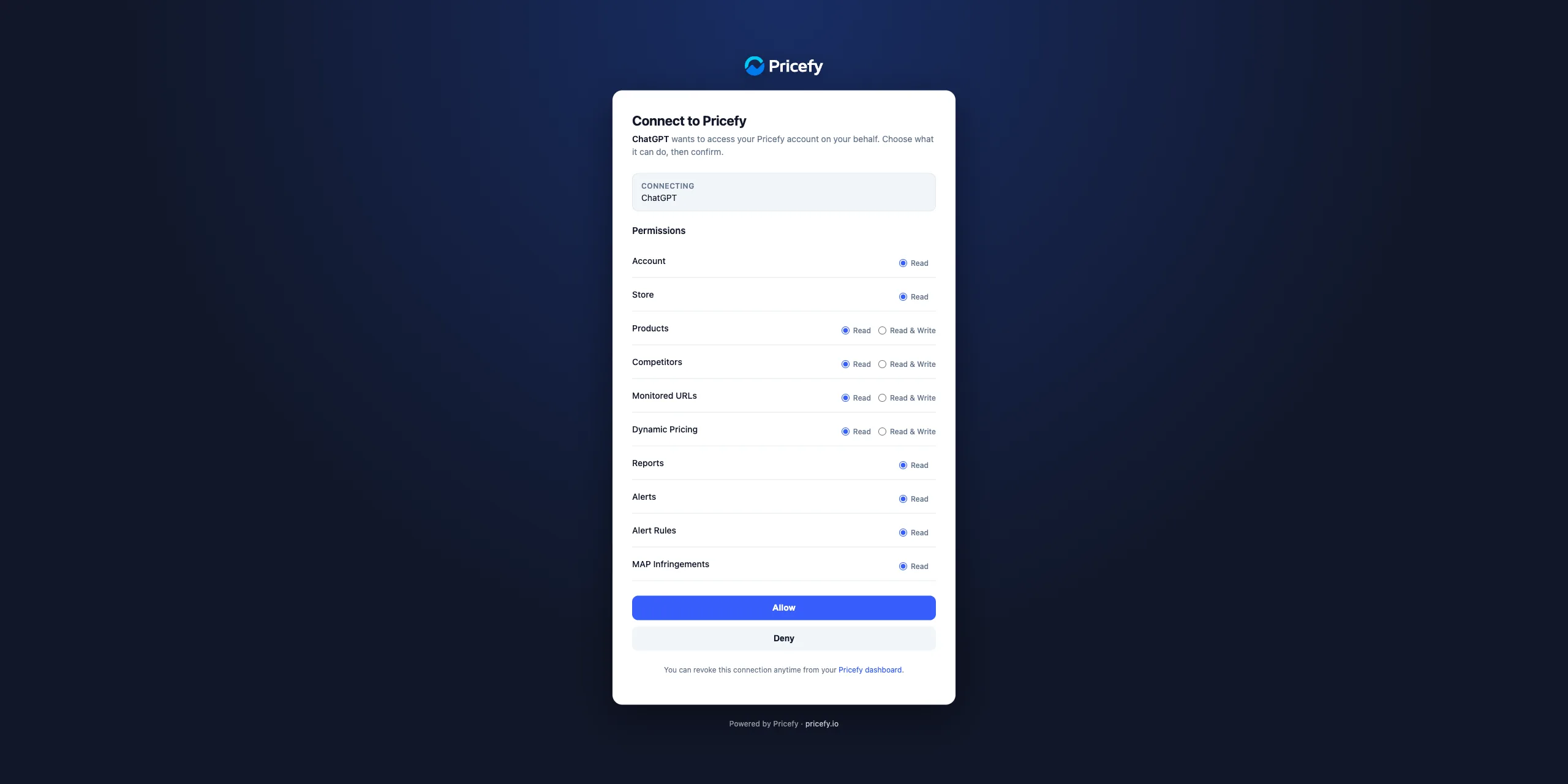 Pricefy OAuth consent screen where you choose Read or Read & Write permissions for ChatGPT before connecting.