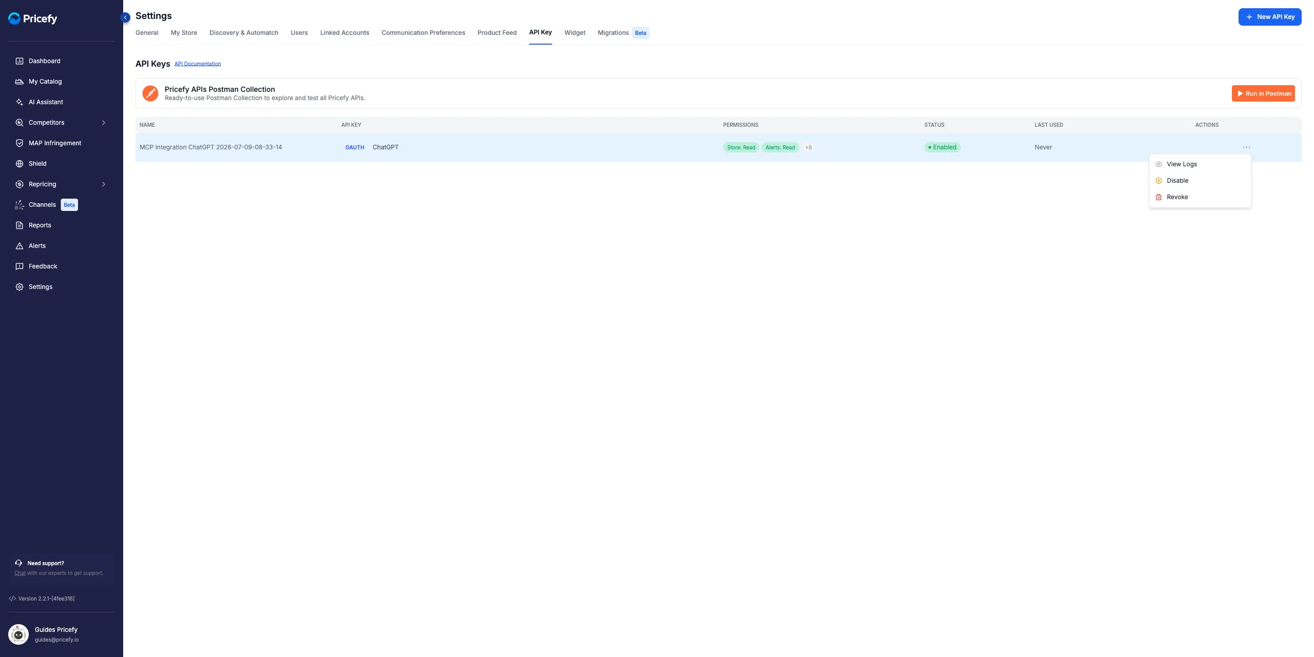 Pricefy Settings, API Keys page showing an OAuth MCP connection to ChatGPT with Disable and Revoke actions.