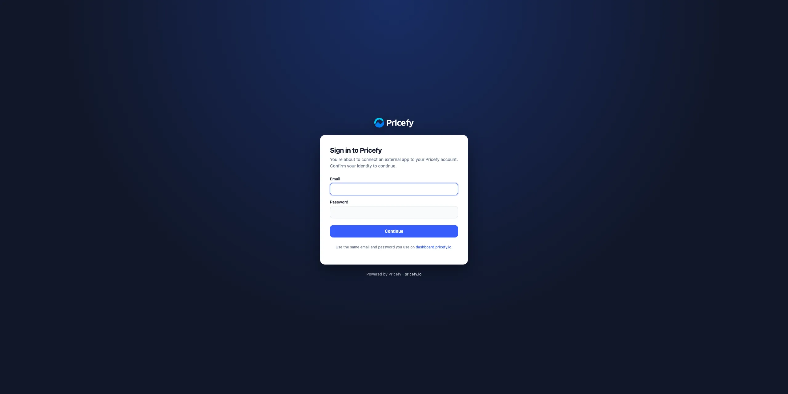 Pricefy sign-in page shown when you connect an AI assistant such as ChatGPT to Pricefy via OAuth.