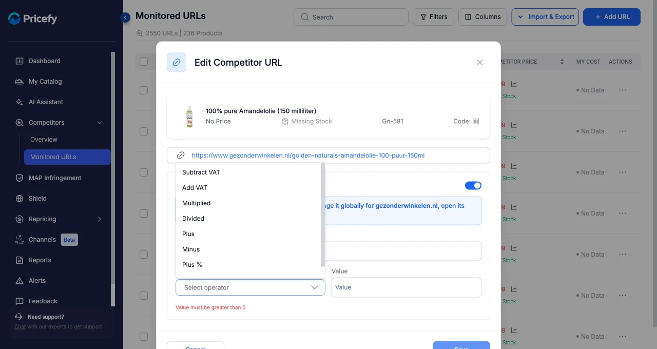 Operator dropdown in the Set Price Adjustment modal listing Subtract VAT and Add VAT at the top