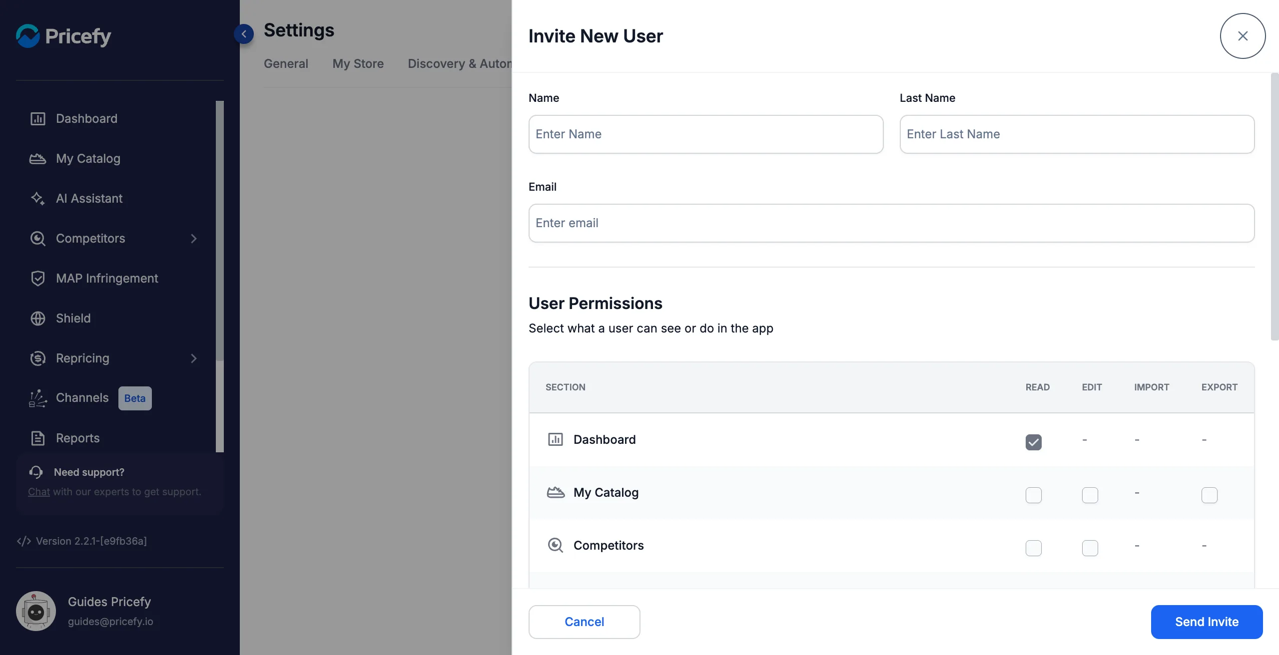 The Invite New User panel with the User Permissions table and its Read, Edit, Import and Export columns.