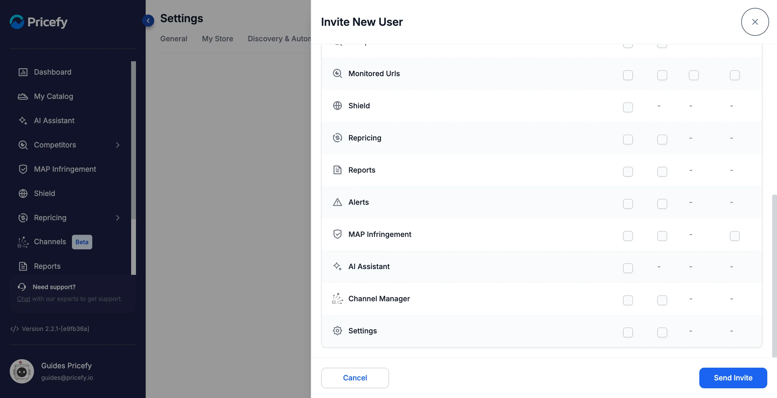 The bottom of the User Permissions table, ending with the Settings section and its Read and Edit permissions.