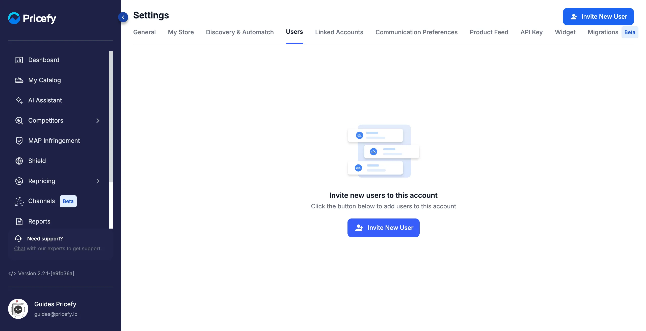 The Users tab in Pricefy Settings, with the Invite New User button.