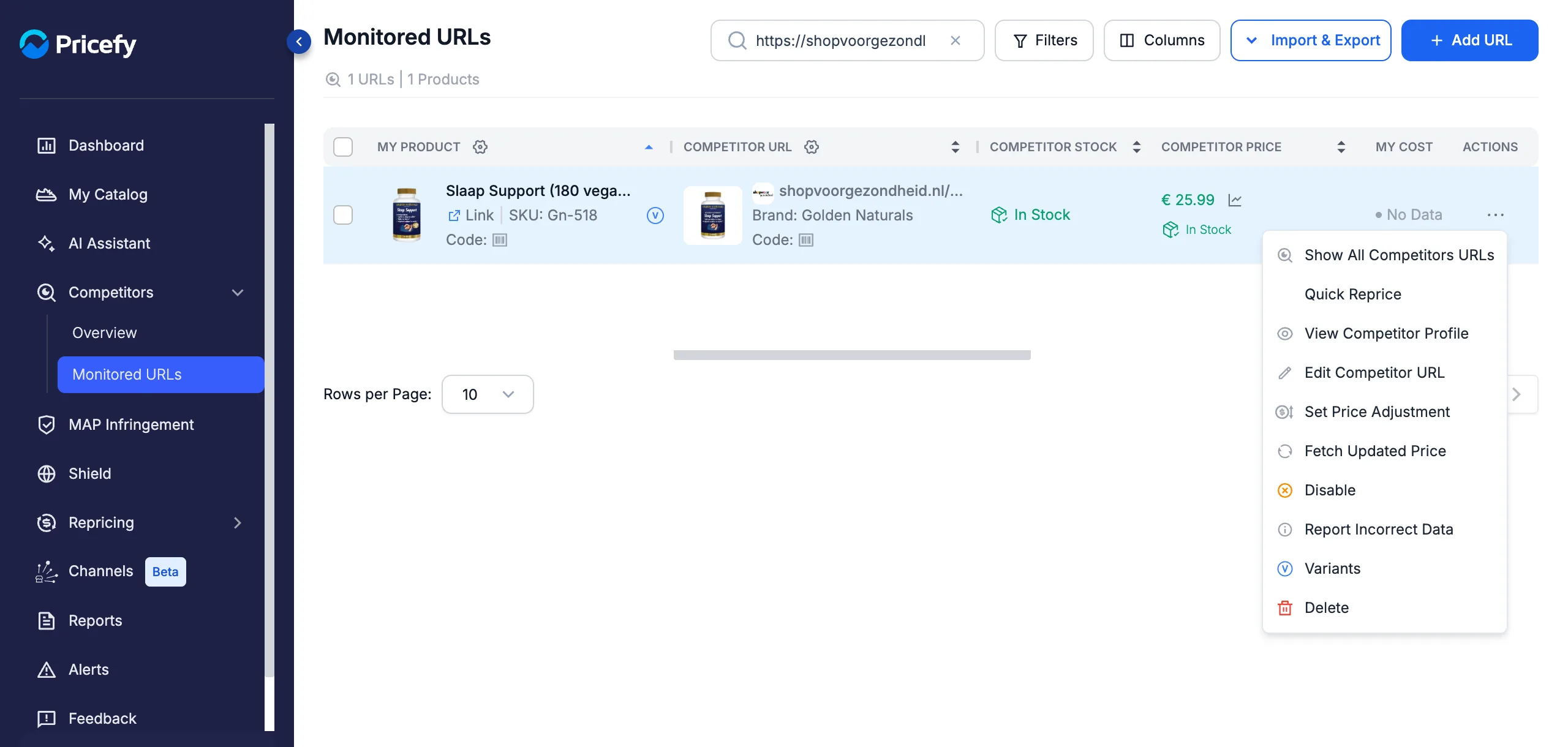 Actions menu of a monitored URL open in Pricefy, with the Variants entry near the bottom