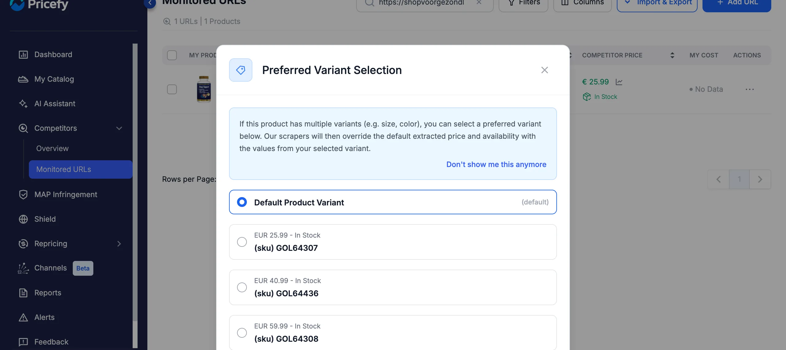 Preferred Variant Selection window in Pricefy listing the default option and each detected competitor variant with SKU, price and stock