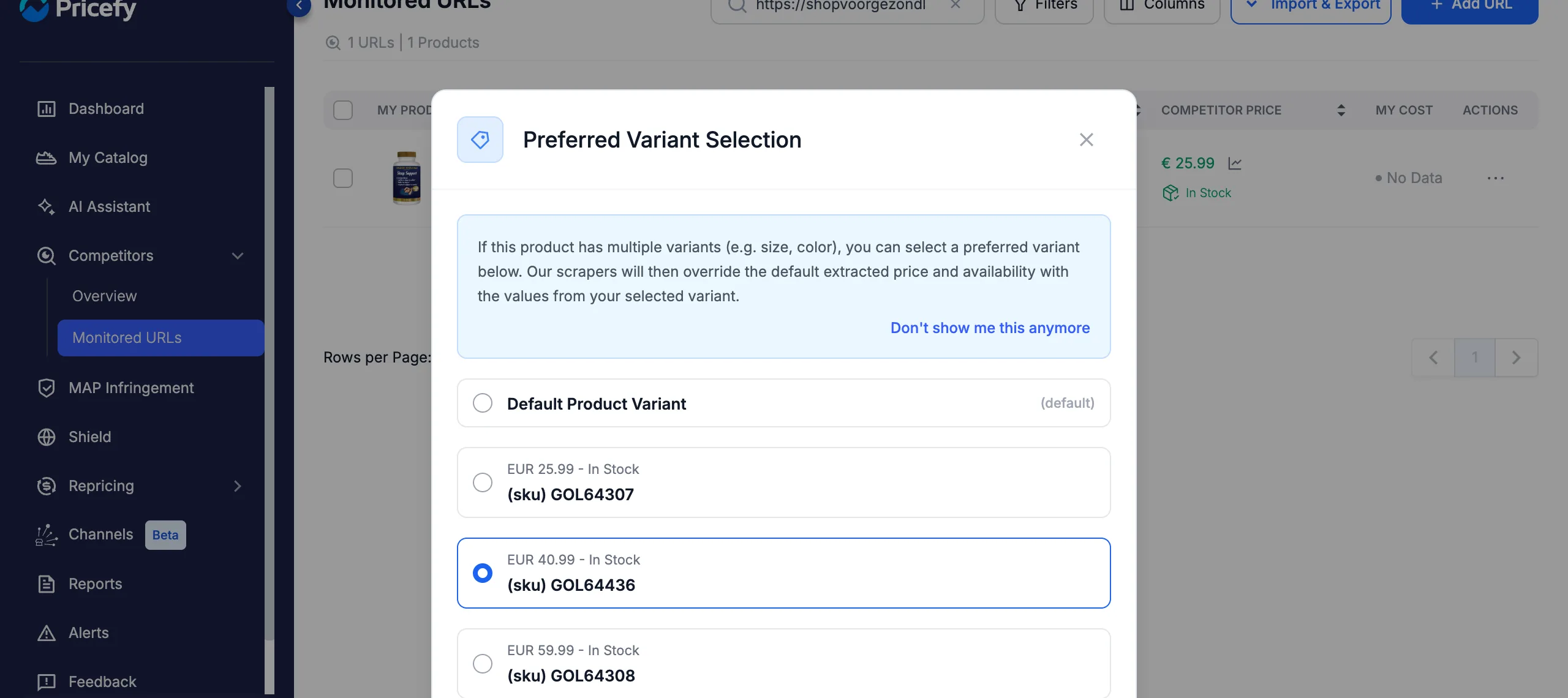 A competitor variant selected in Pricefy's Preferred Variant Selection window, highlighted in blue