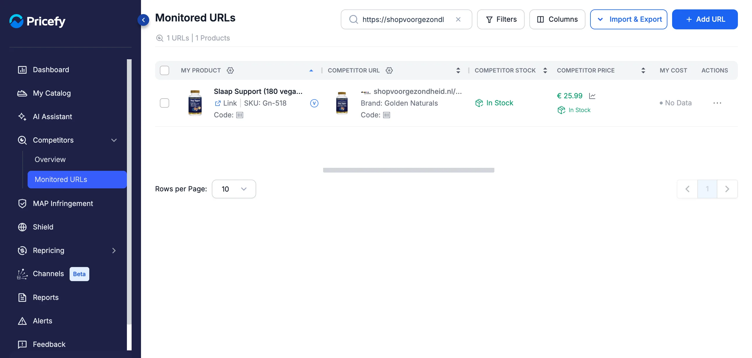 Monitored URLs row in Pricefy showing the V badge that marks a competitor product with variants